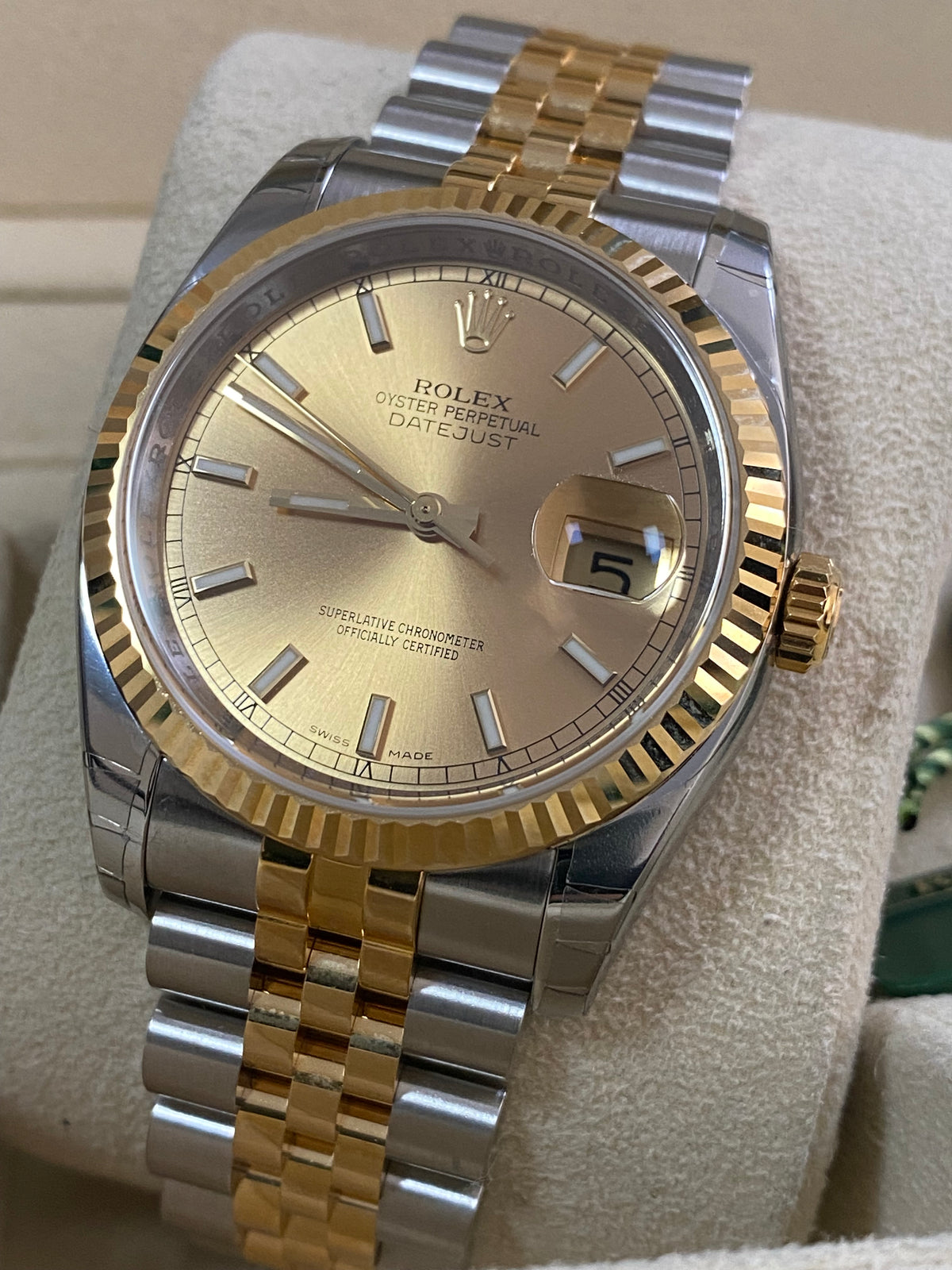 Rolex Steel and Yellow Gold Datejust 36 - 2011 - Fluted Bezel - Champagne Index Dial - Jubilee Bracelet - 116233 *FULL STICKERS*