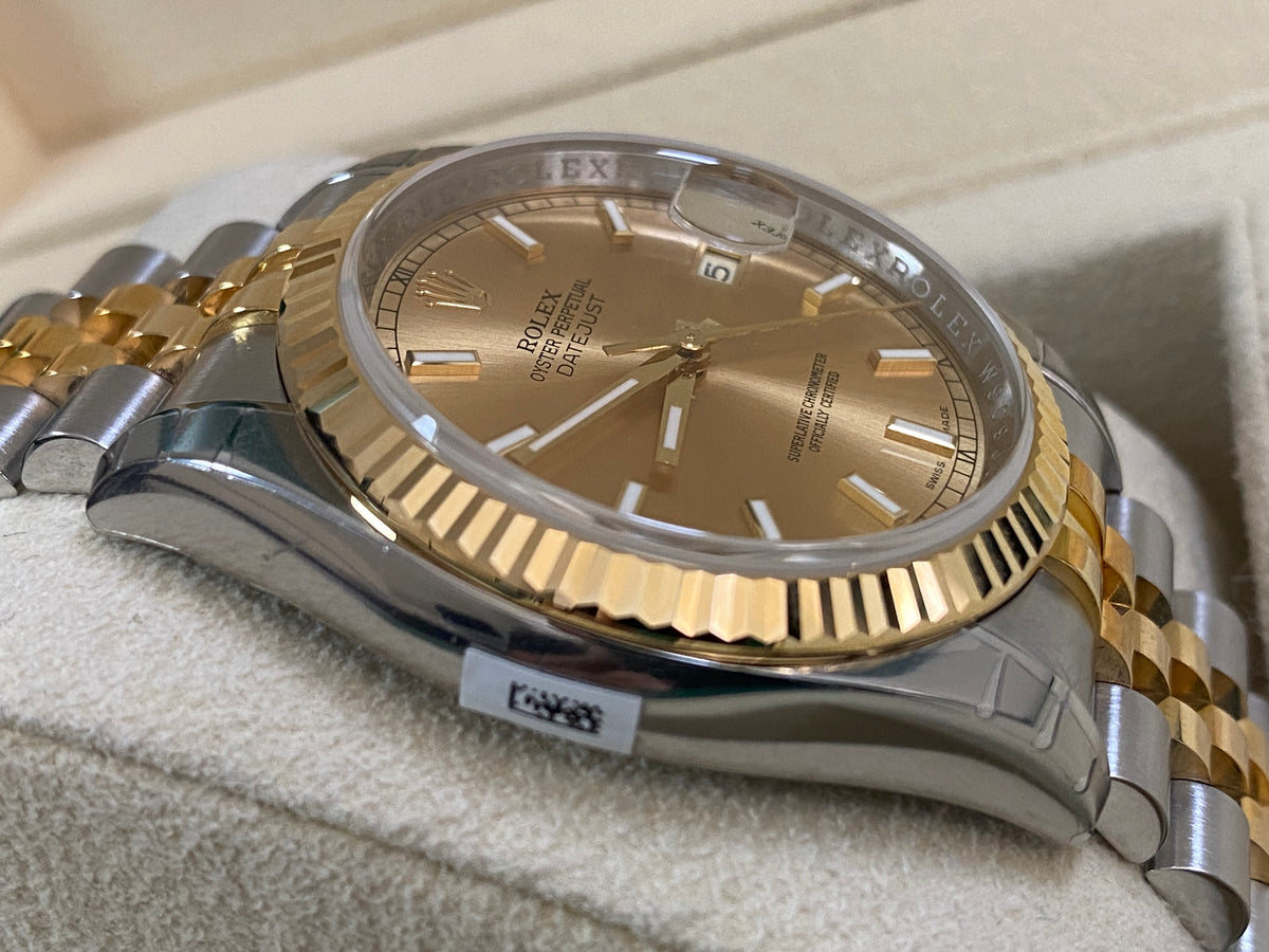 Rolex Steel and Yellow Gold Datejust 36 - 2011 - Fluted Bezel - Champagne Index Dial - Jubilee Bracelet - 116233 *FULL STICKERS*