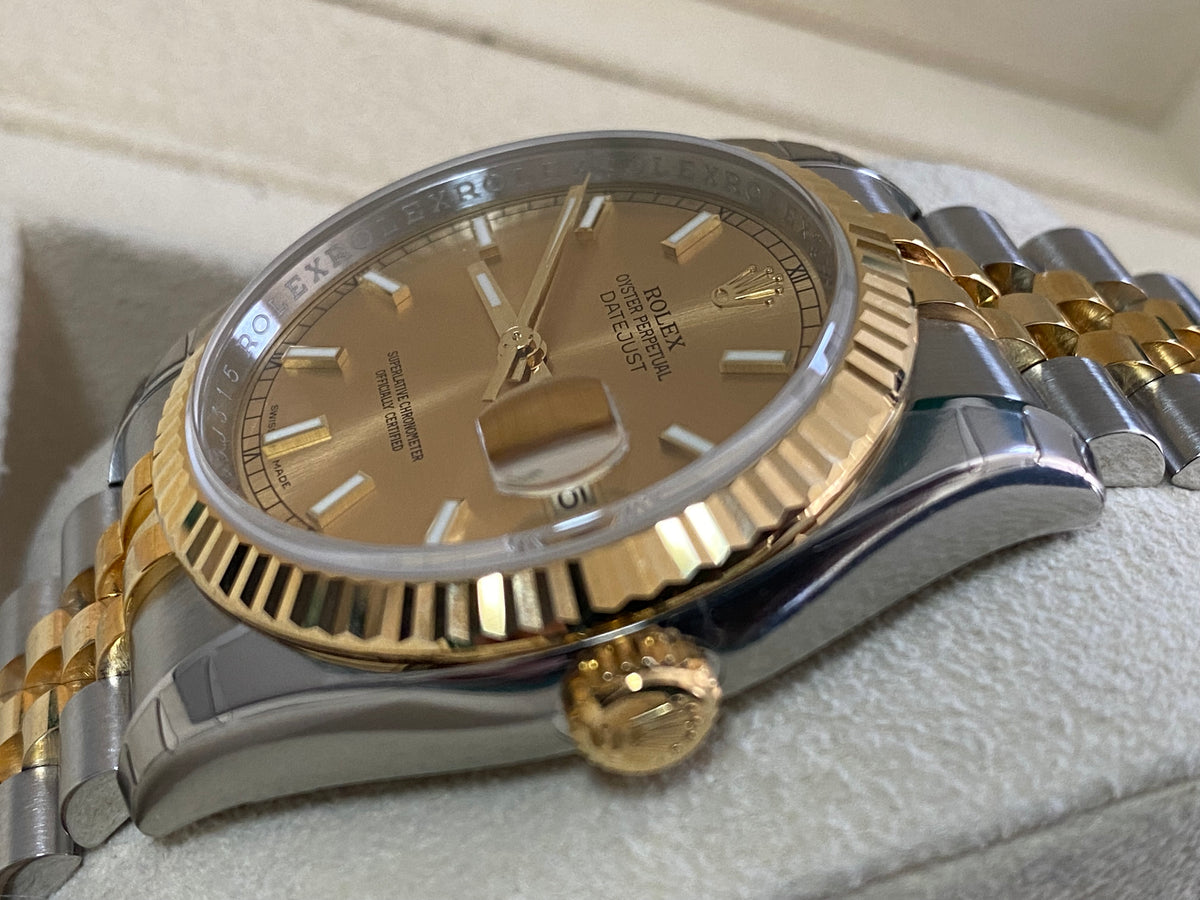 Rolex Steel and Yellow Gold Datejust 36 - 2011 - Fluted Bezel - Champagne Index Dial - Jubilee Bracelet - 116233 *FULL STICKERS*