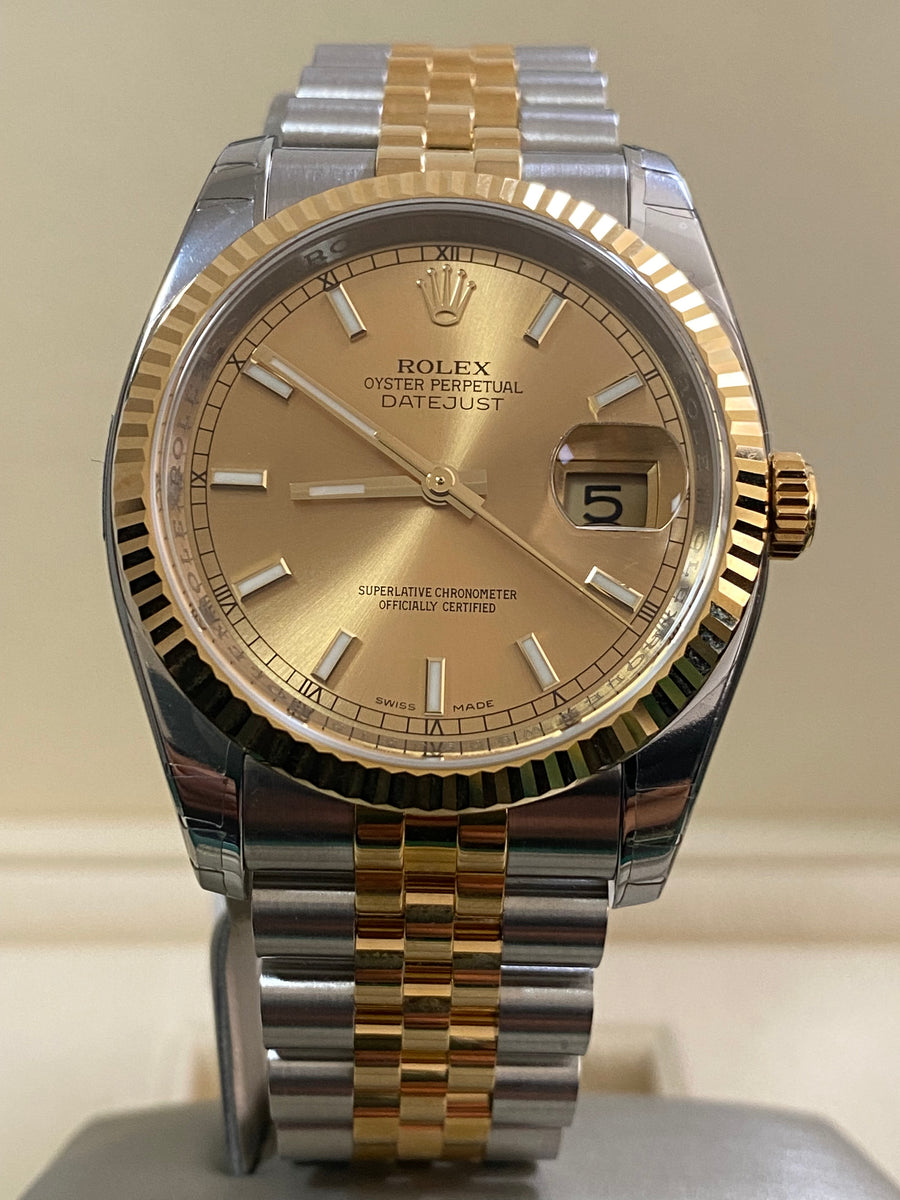 Rolex Steel and Yellow Gold Datejust 36 - 2011 - Fluted Bezel - Champagne Index Dial - Jubilee Bracelet - 116233 *FULL STICKERS*