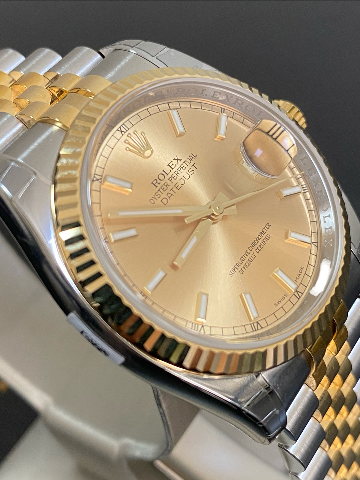 Rolex Steel and Yellow Gold Datejust 36 - 2011 - Fluted Bezel - Champagne Index Dial - Jubilee Bracelet - 116233 *FULL STICKERS*