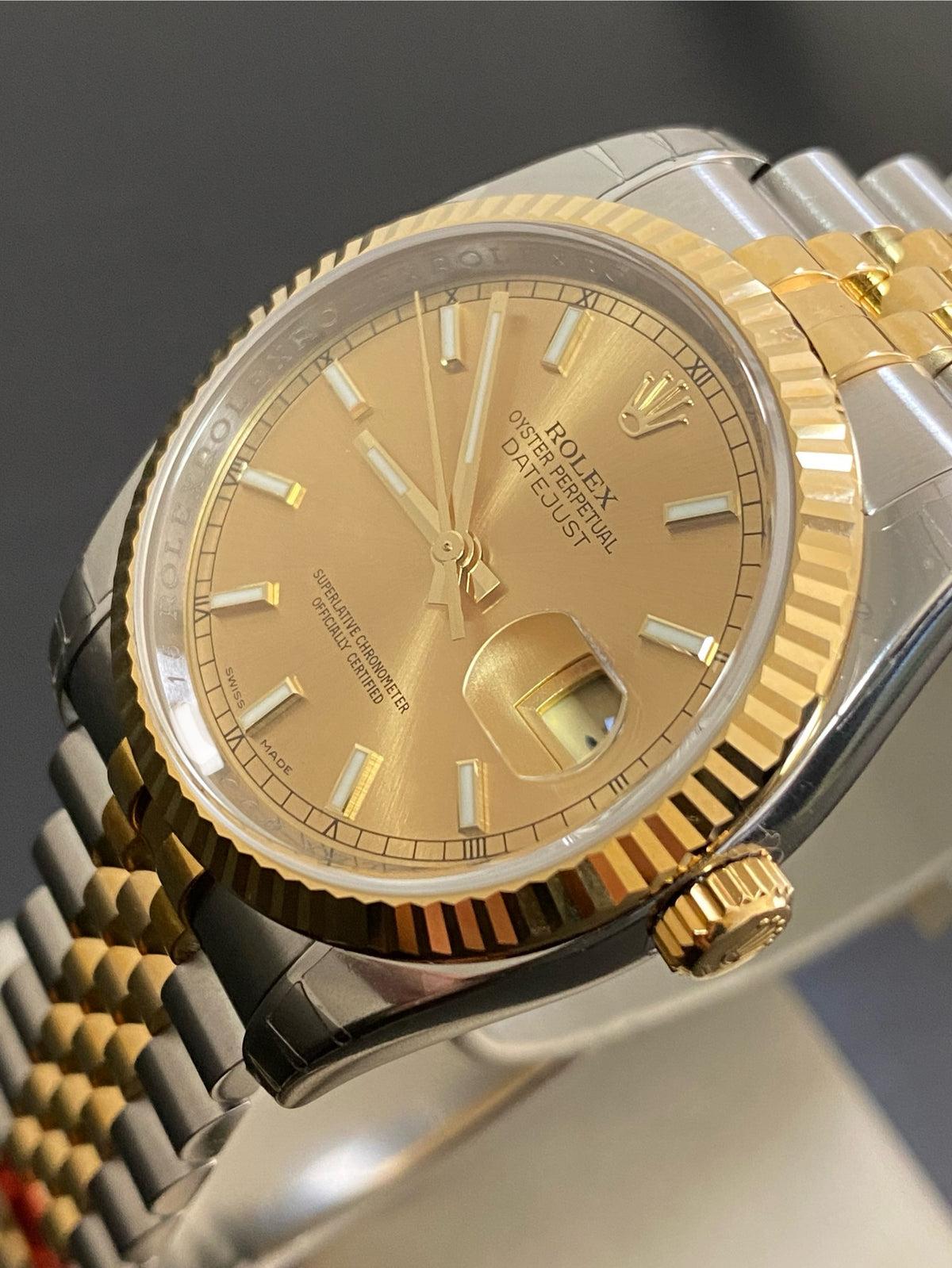 Rolex Steel and Yellow Gold Datejust 36 - 2011 - Fluted Bezel - Champagne Index Dial - Jubilee Bracelet - 116233 *FULL STICKERS*