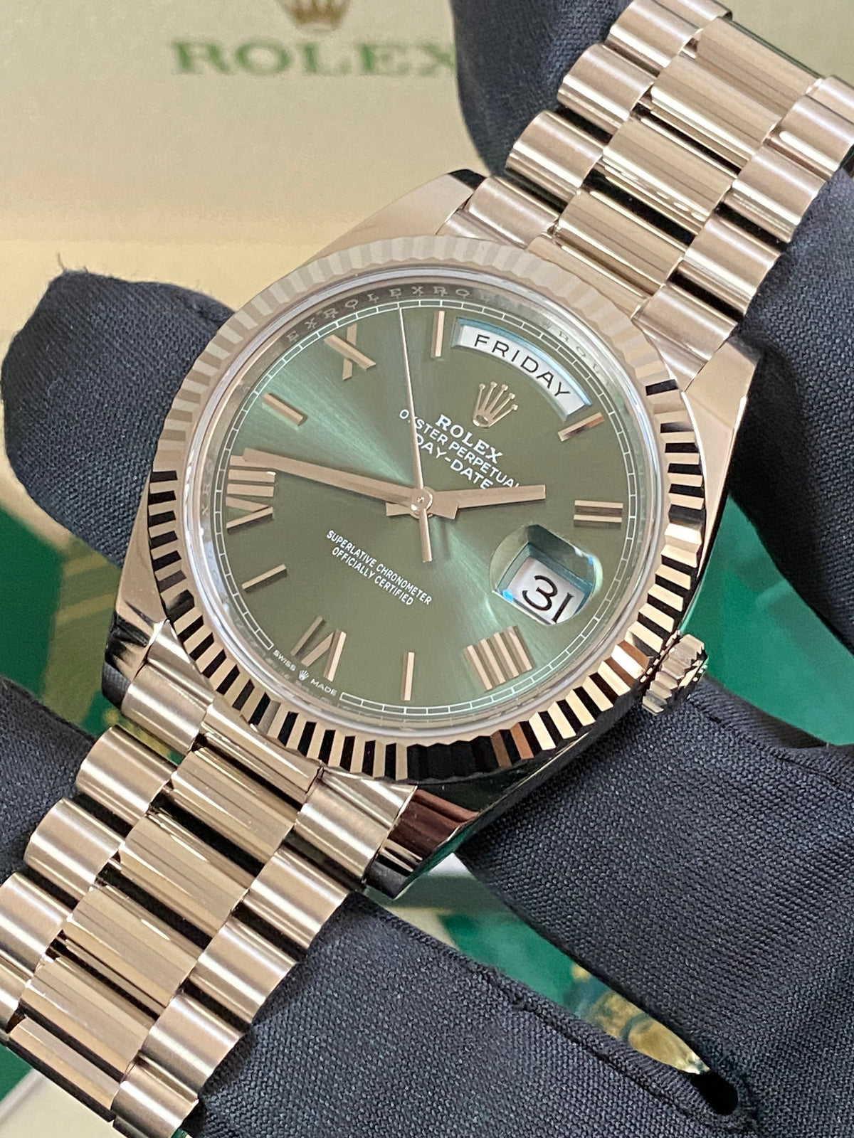 Rolex White Gold Day-Date 40 - 2024 - Fluted Bezel - Olive Green Bevelled Roman Dial - President Bracelet - 228239 *FULL SET*