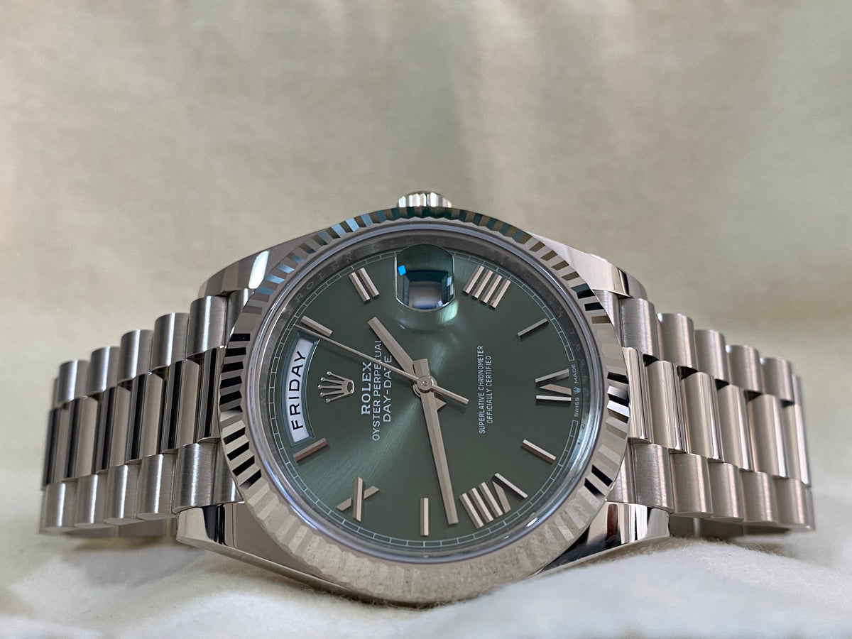 Rolex White Gold Day-Date 40 - 2024 - Fluted Bezel - Olive Green Bevelled Roman Dial - President Bracelet - 228239 *FULL SET*