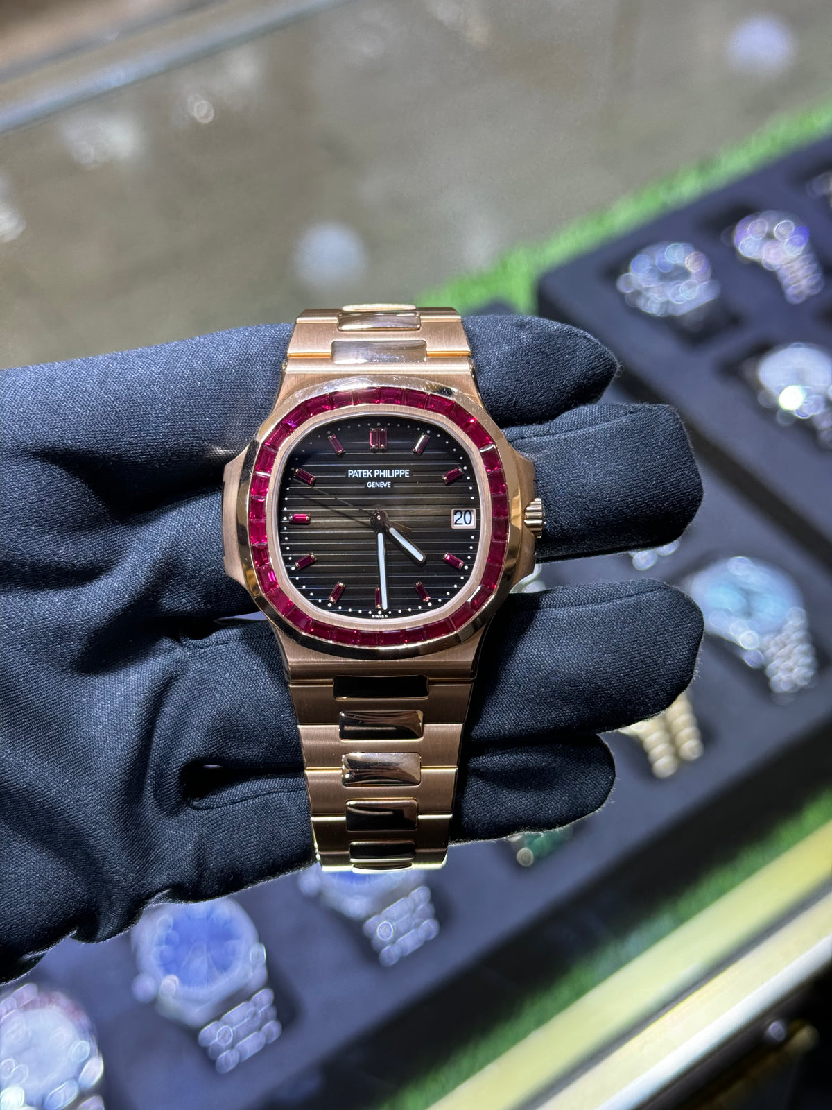 Patek Philippe Rose Gold Nautilus - 2015 - Ruby Baguette Bezel - Brown Baguette Dial - 5723/112R-001