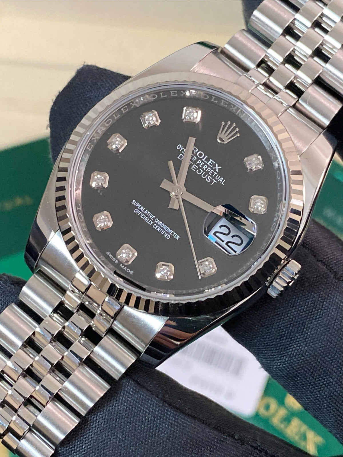 Rolex Steel Datejust 36 - 2020 - Fluted Bezel - Black Diamond Dial - Jubilee Bracelet - 116234 *FULL SET*