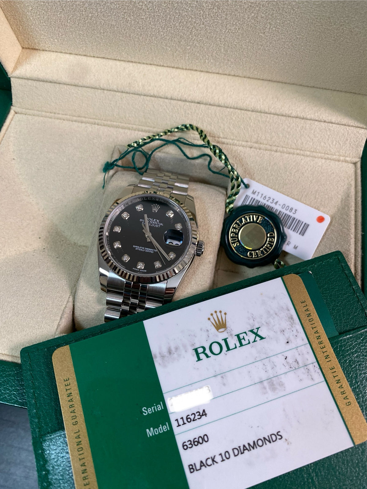 Rolex Steel Datejust 36 - 2020 - Fluted Bezel - Black Diamond Dial - Jubilee Bracelet - 116234 *FULL SET*