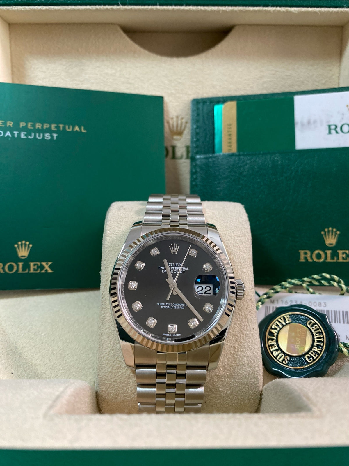 Rolex Steel Datejust 36 - 2020 - Fluted Bezel - Black Diamond Dial - Jubilee Bracelet - 116234 *FULL SET*