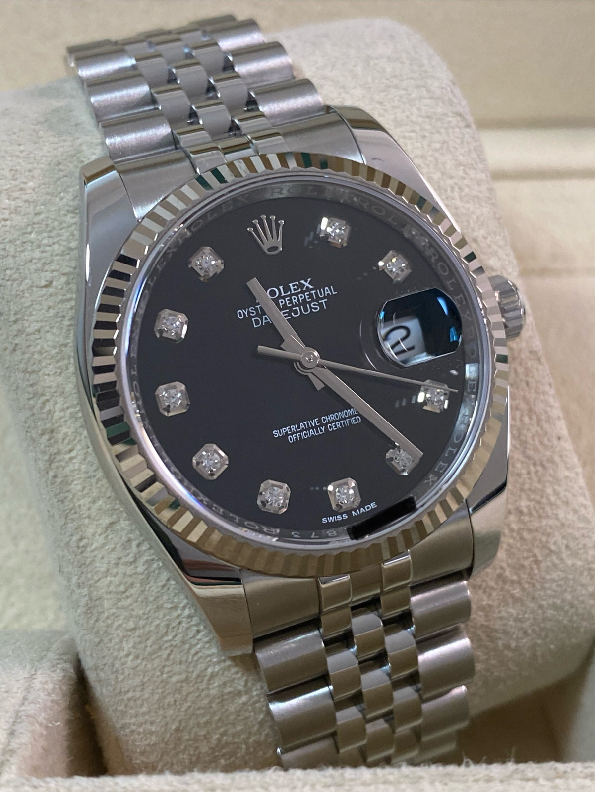 Rolex Steel Datejust 36 - 2020 - Fluted Bezel - Black Diamond Dial - Jubilee Bracelet - 116234 *FULL SET*