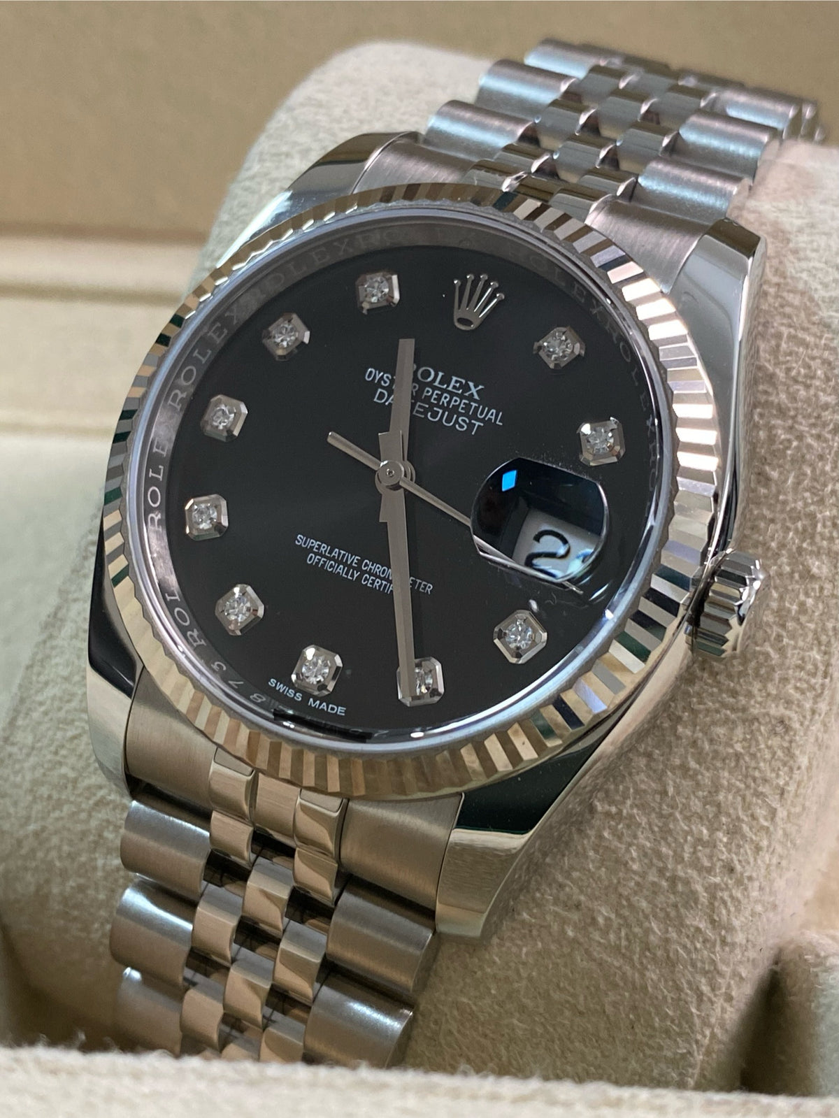 Rolex Steel Datejust 36 - 2020 - Fluted Bezel - Black Diamond Dial - Jubilee Bracelet - 116234 *FULL SET*