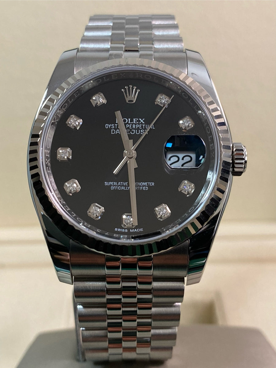 Rolex Steel Datejust 36 - 2020 - Fluted Bezel - Black Diamond Dial - Jubilee Bracelet - 116234 *FULL SET*