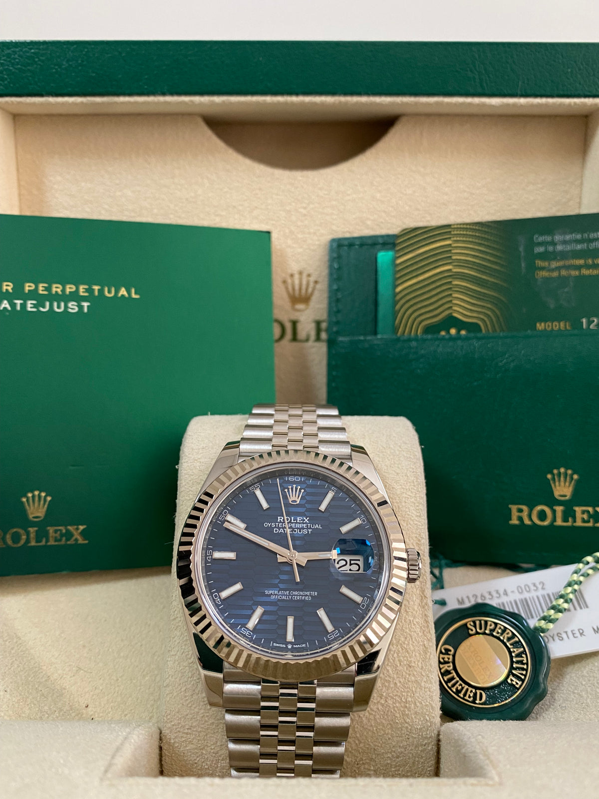 Rolex Steel Datejust 41 - 2023 - Fluted Bezel - Bright Blue Fluted-Motif Dial - Jubilee Bracelet - 126334 *FULL SET*