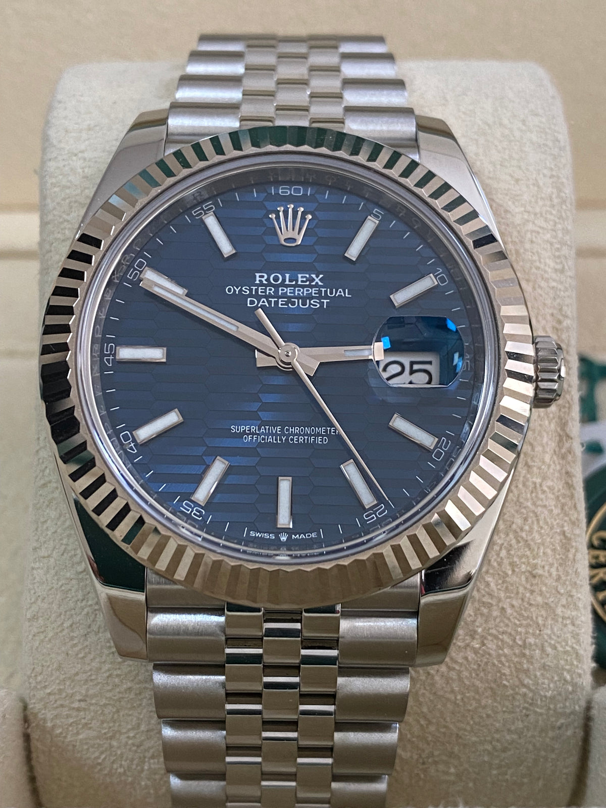 Rolex Steel Datejust 41 - 2023 - Fluted Bezel - Bright Blue Fluted-Motif Dial - Jubilee Bracelet - 126334 *FULL SET*