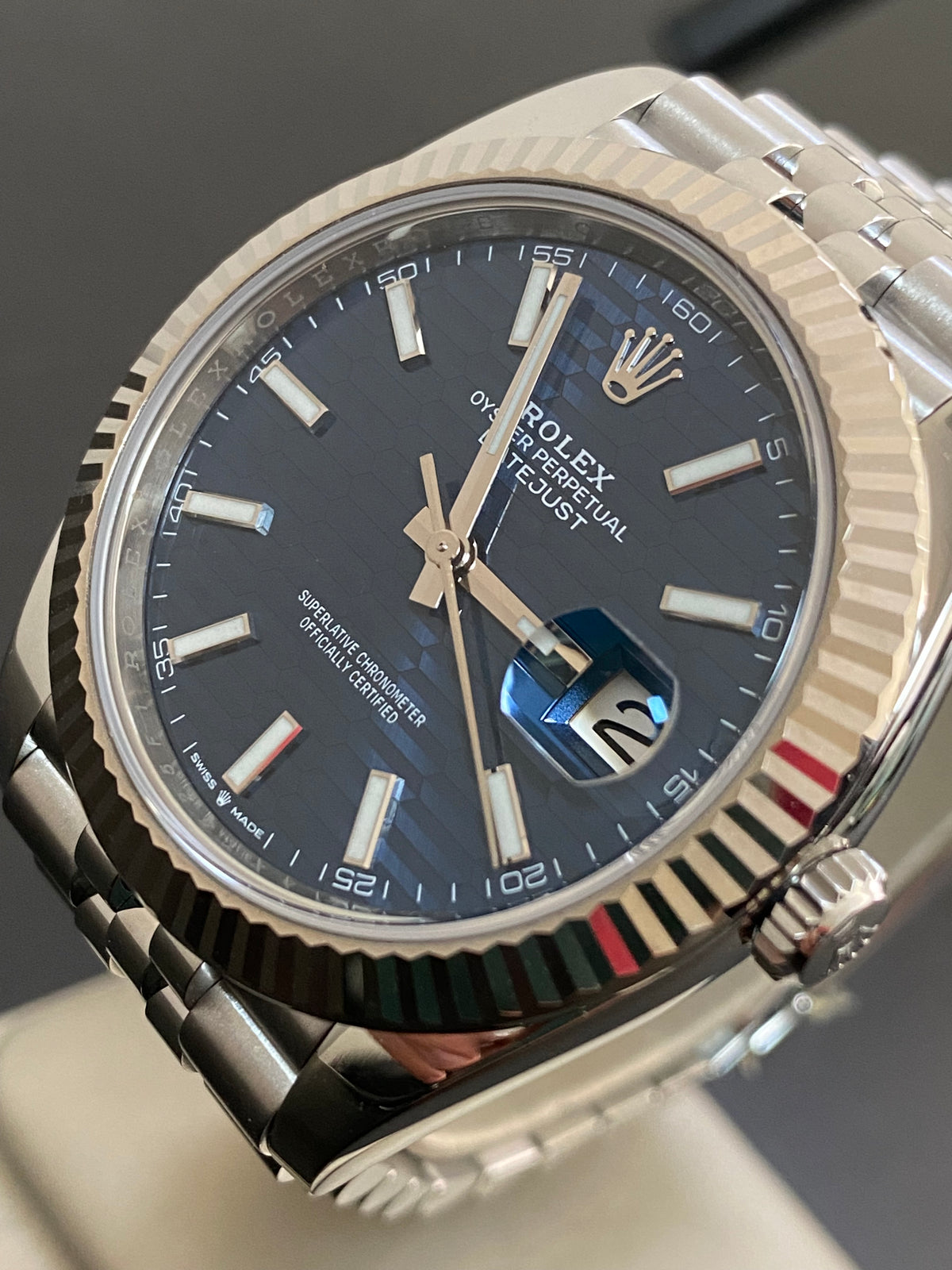 Rolex Steel Datejust 41 - 2023 - Fluted Bezel - Bright Blue Fluted-Motif Dial - Jubilee Bracelet - 126334 *FULL SET*