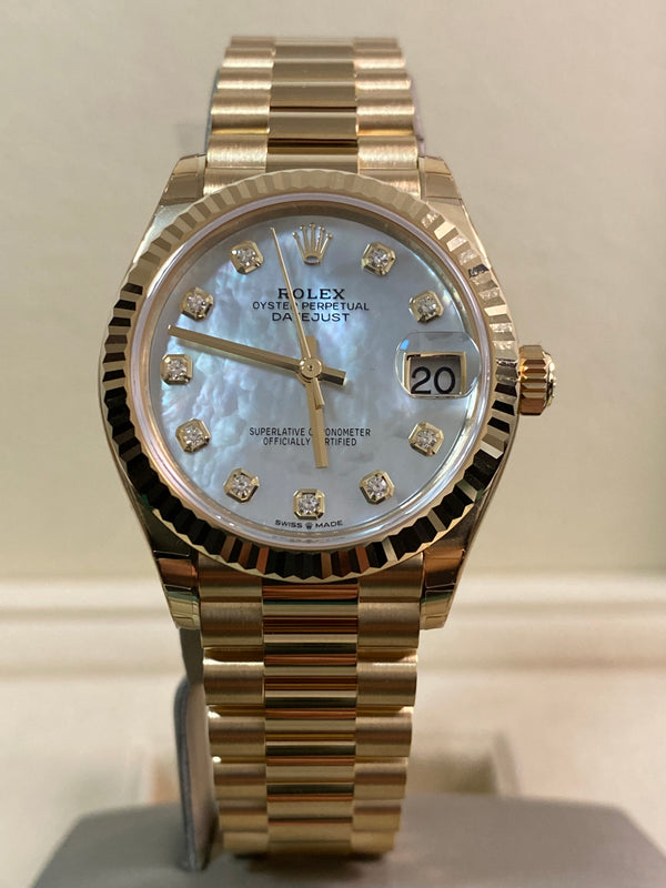 Rolex Yellow Gold Datejust 31 - 2025 - Fluted Bezel - Mother-of-Pearl Diamond Dial - President Bracelet - 278278 *FULL STICKERS*