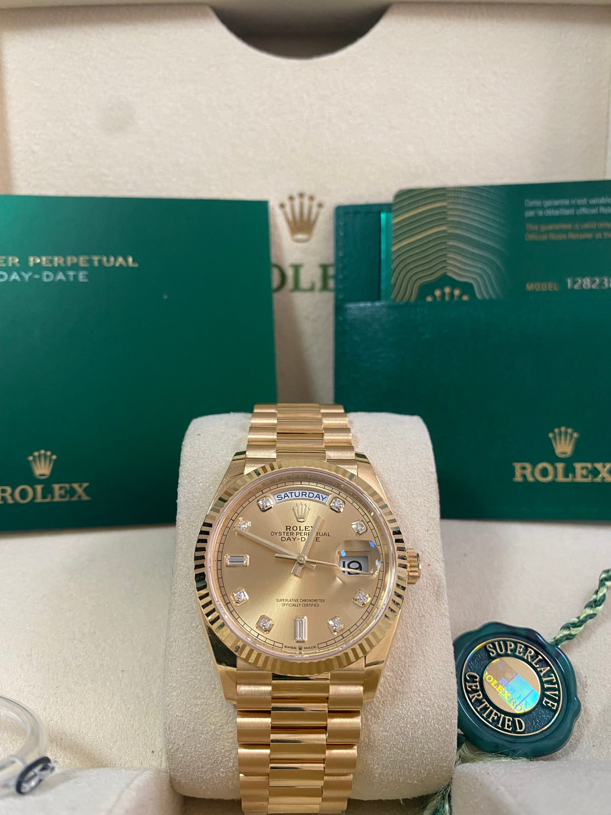 Rolex Yellow Gold Day-Date 36 - 2022 - Fluted Bezel - Factory Diamond Dial - President Bracelet - 128238 *FULL SET*