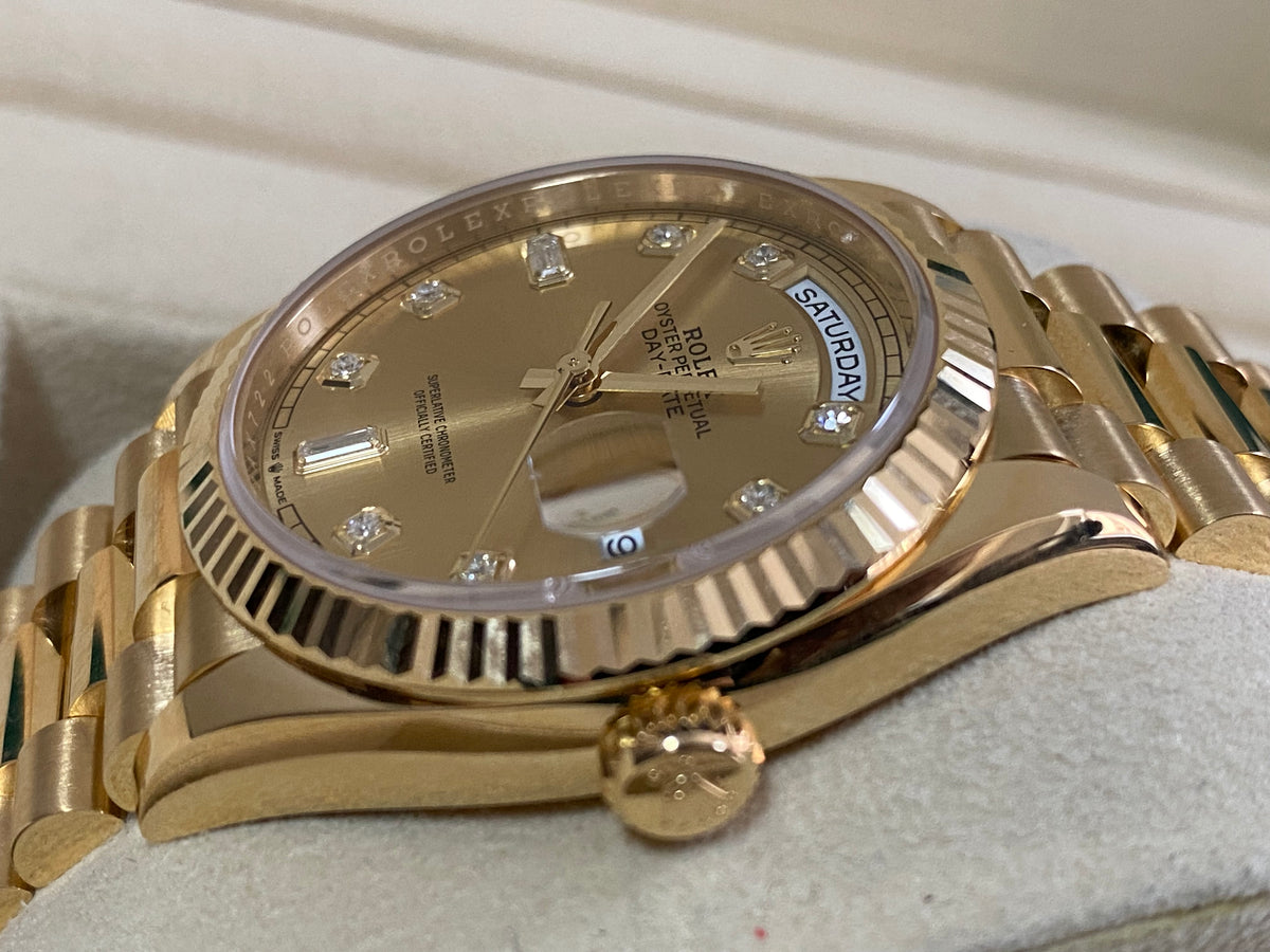 Rolex Yellow Gold Day-Date 36 - 2022 - Fluted Bezel - Factory Diamond Dial - President Bracelet - 128238 *FULL SET*