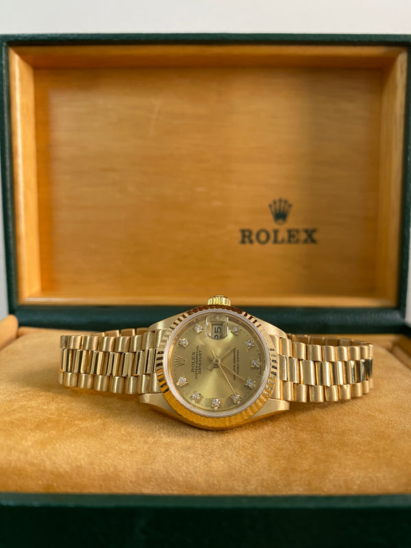 Rolex Yellow Gold Lady-Datejust - R serial - Fluted Bezel - Factory Diamond Dial - President Bracelet - 69178