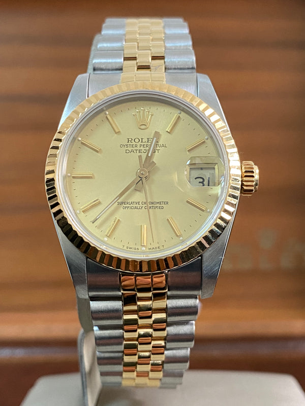 Rolex Steel & Yellow Gold Datejust 31 - R serial - Fluted Bezel - Champagne Index Dial - Jubilee Bracelet - 68273