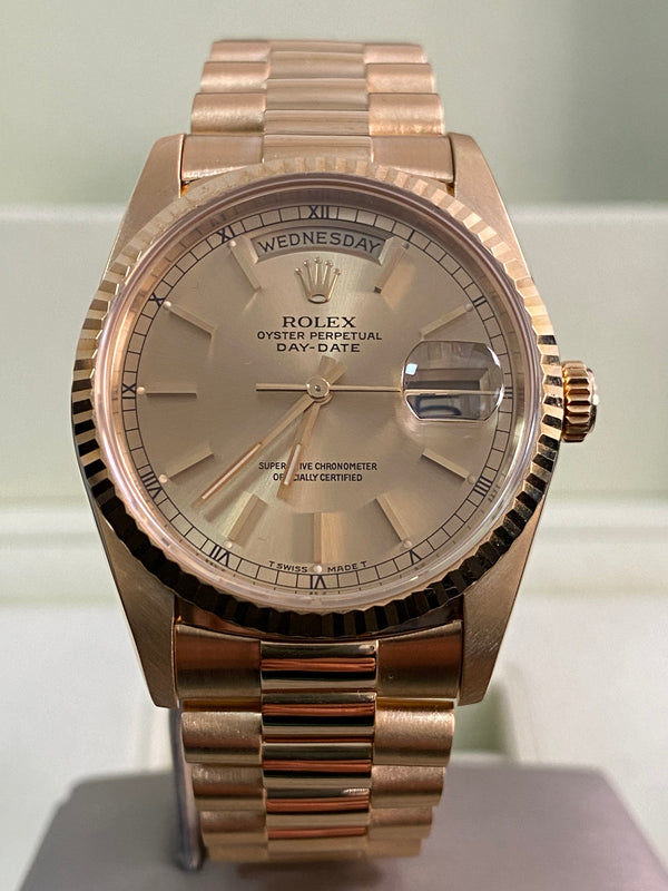 Rolex Yellow Gold Day-Date 36 - L serial - Fluted Bezel - Champagne Index Dial - President Bracelet - 18238