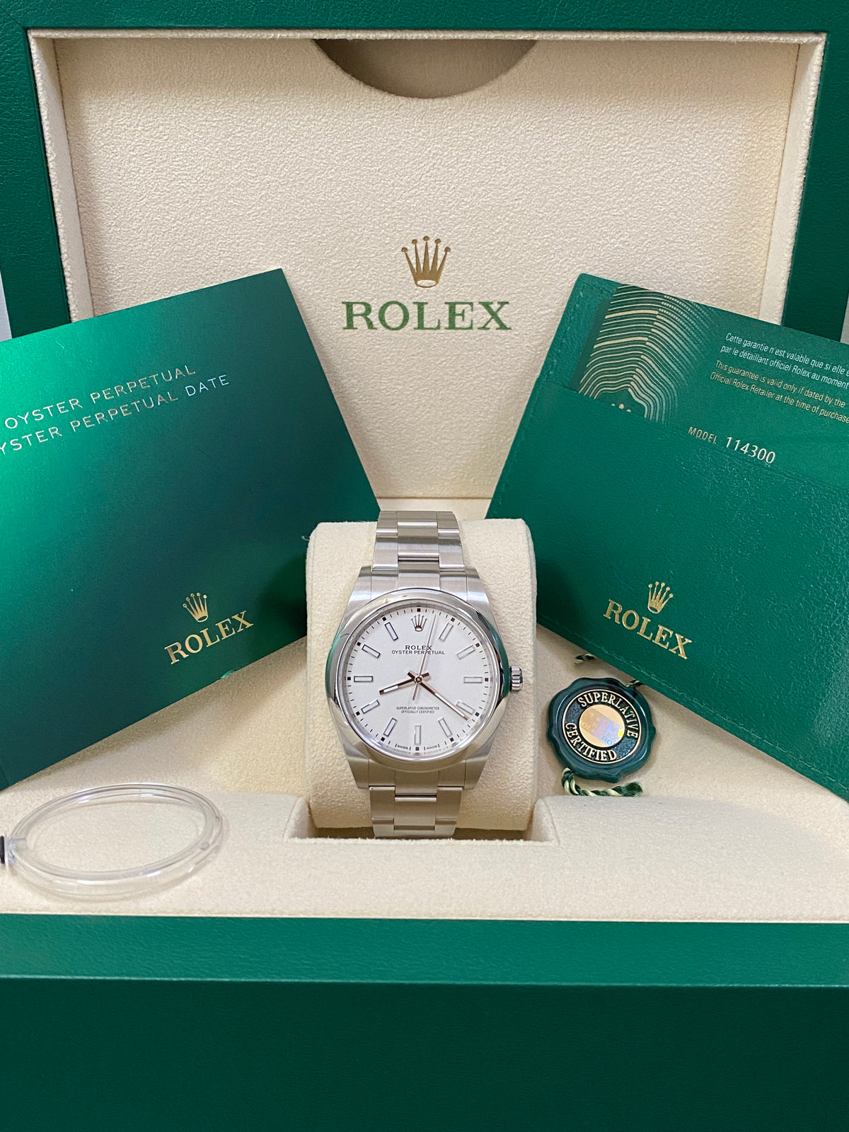 Rolex Steel Oyster Perpetual 39 - 2020 - Domed Bezel - White Index Dial - 114300 NEW STYLE WARRANTY CARD