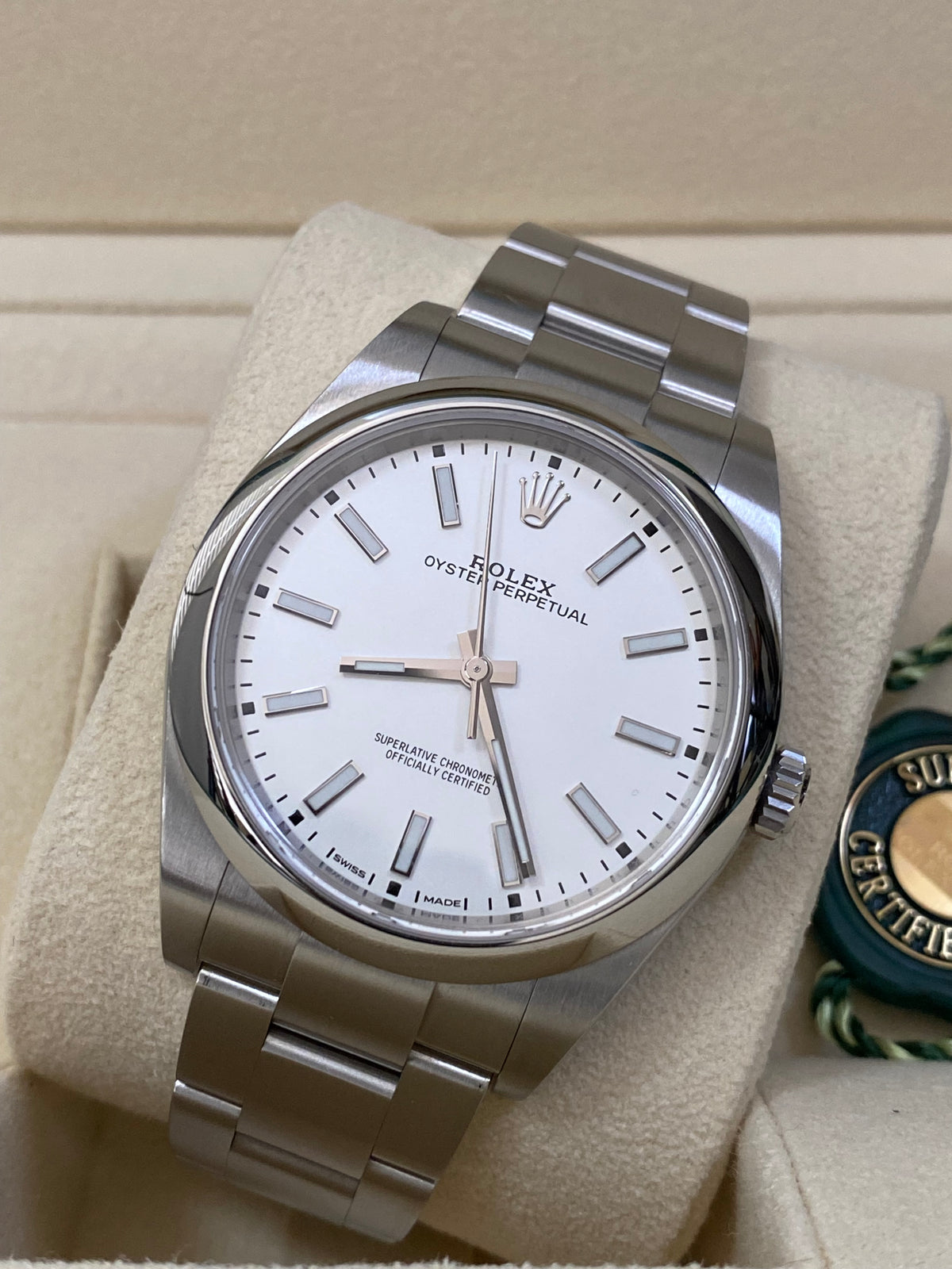 Rolex Steel Oyster Perpetual 39 - 2020 - Domed Bezel - White Index Dial - 114300 NEW STYLE WARRANTY CARD