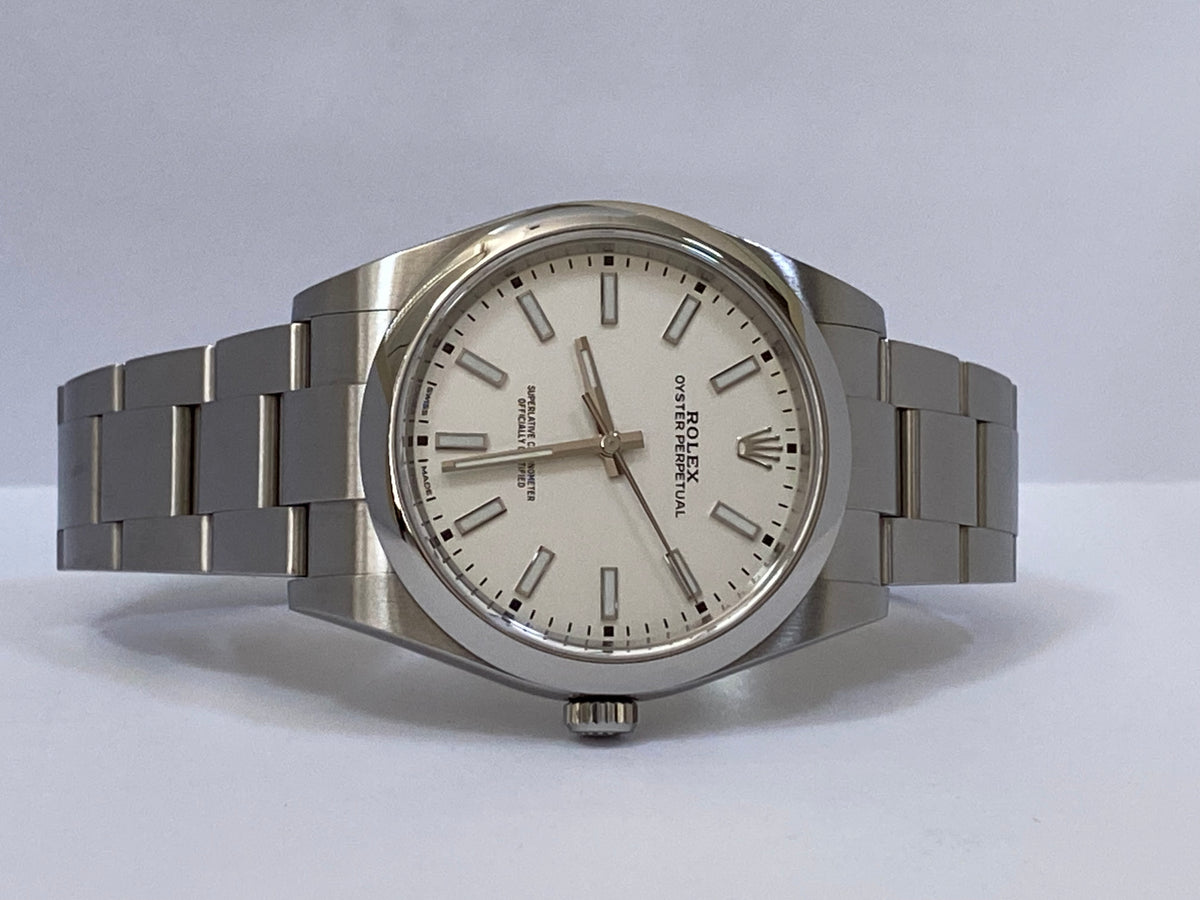 Rolex Steel Oyster Perpetual 39 - 2020 - Domed Bezel - White Index Dial - 114300 NEW STYLE WARRANTY CARD