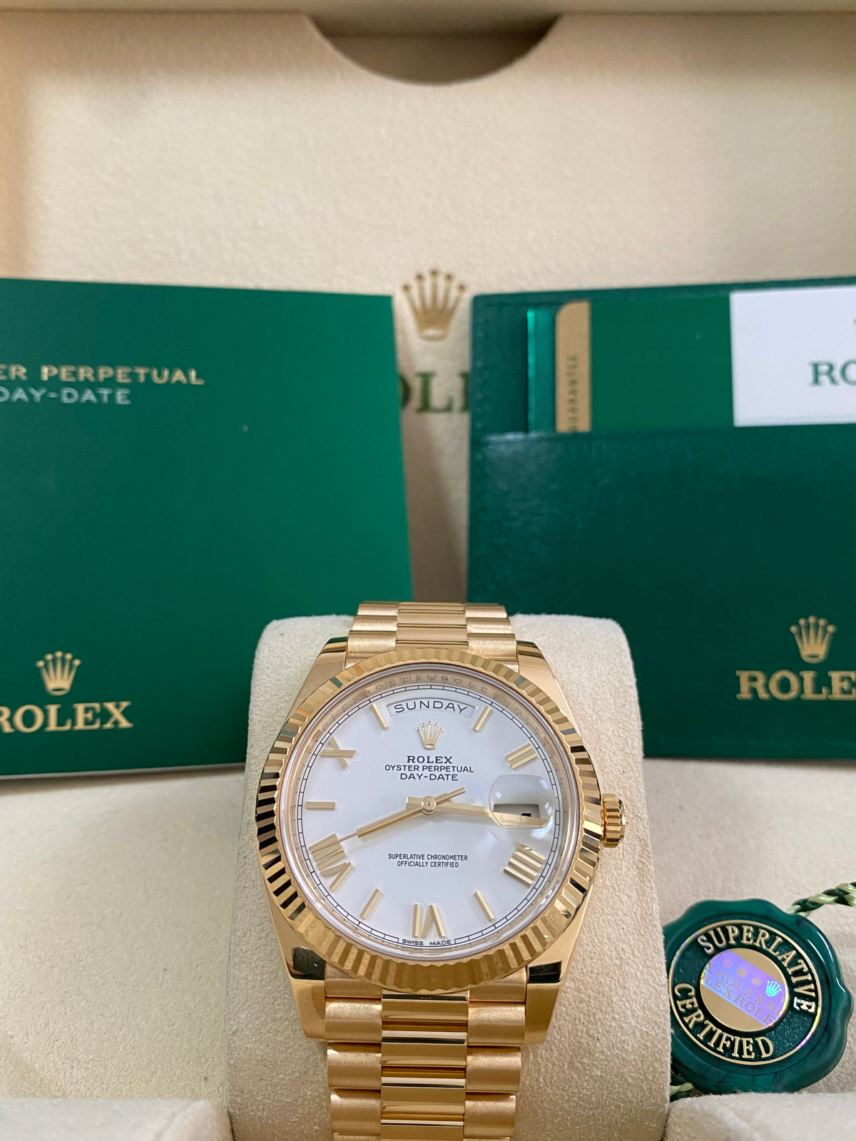 Rolex Yellow Gold Day-Date 40 - 2017 - Fluted Bezel - White Roman Dial - President Bracelet - 228238 *FULL SET*