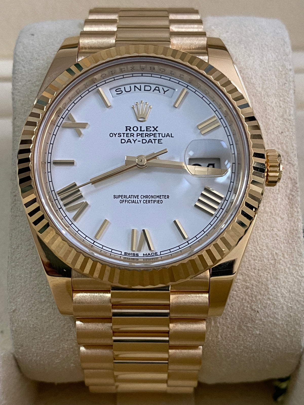 Rolex Yellow Gold Day-Date 40 - 2017 - Fluted Bezel - White Roman Dial - President Bracelet - 228238 *FULL SET*