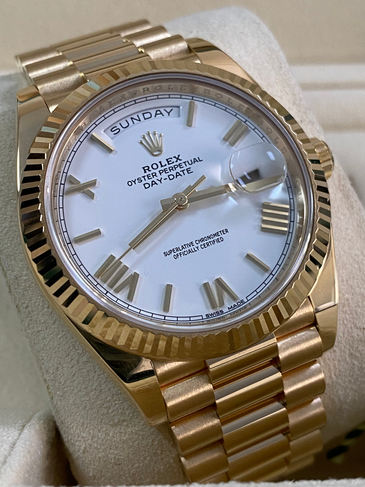 Rolex Yellow Gold Day-Date 40 - 2017 - Fluted Bezel - White Roman Dial - President Bracelet - 228238 *FULL SET*