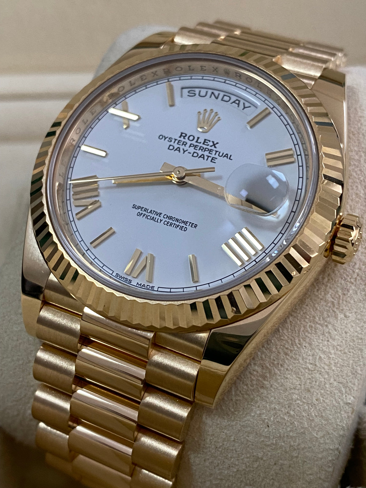 Rolex Yellow Gold Day-Date 40 - 2017 - Fluted Bezel - White Roman Dial - President Bracelet - 228238 *FULL SET*