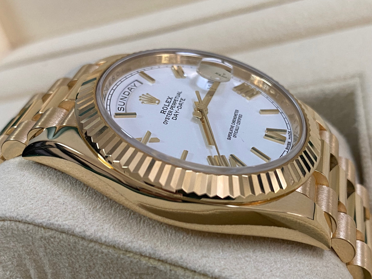 Rolex Yellow Gold Day-Date 40 - 2017 - Fluted Bezel - White Roman Dial - President Bracelet - 228238 *FULL SET*