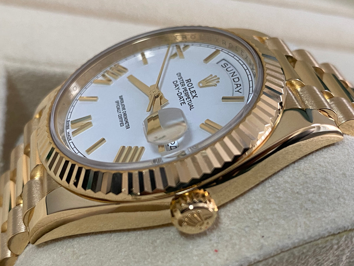 Rolex Yellow Gold Day-Date 40 - 2017 - Fluted Bezel - White Roman Dial - President Bracelet - 228238 *FULL SET*