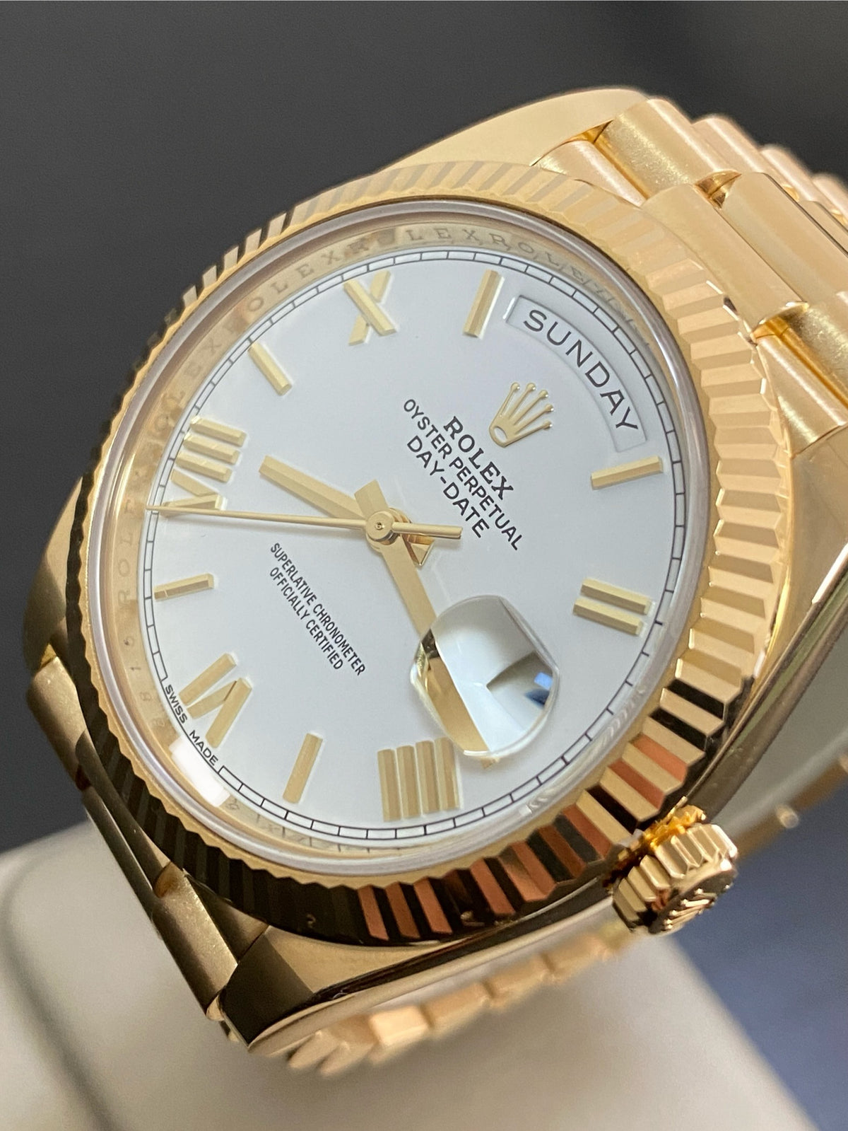 Rolex Yellow Gold Day-Date 40 - 2017 - Fluted Bezel - White Roman Dial - President Bracelet - 228238 *FULL SET*