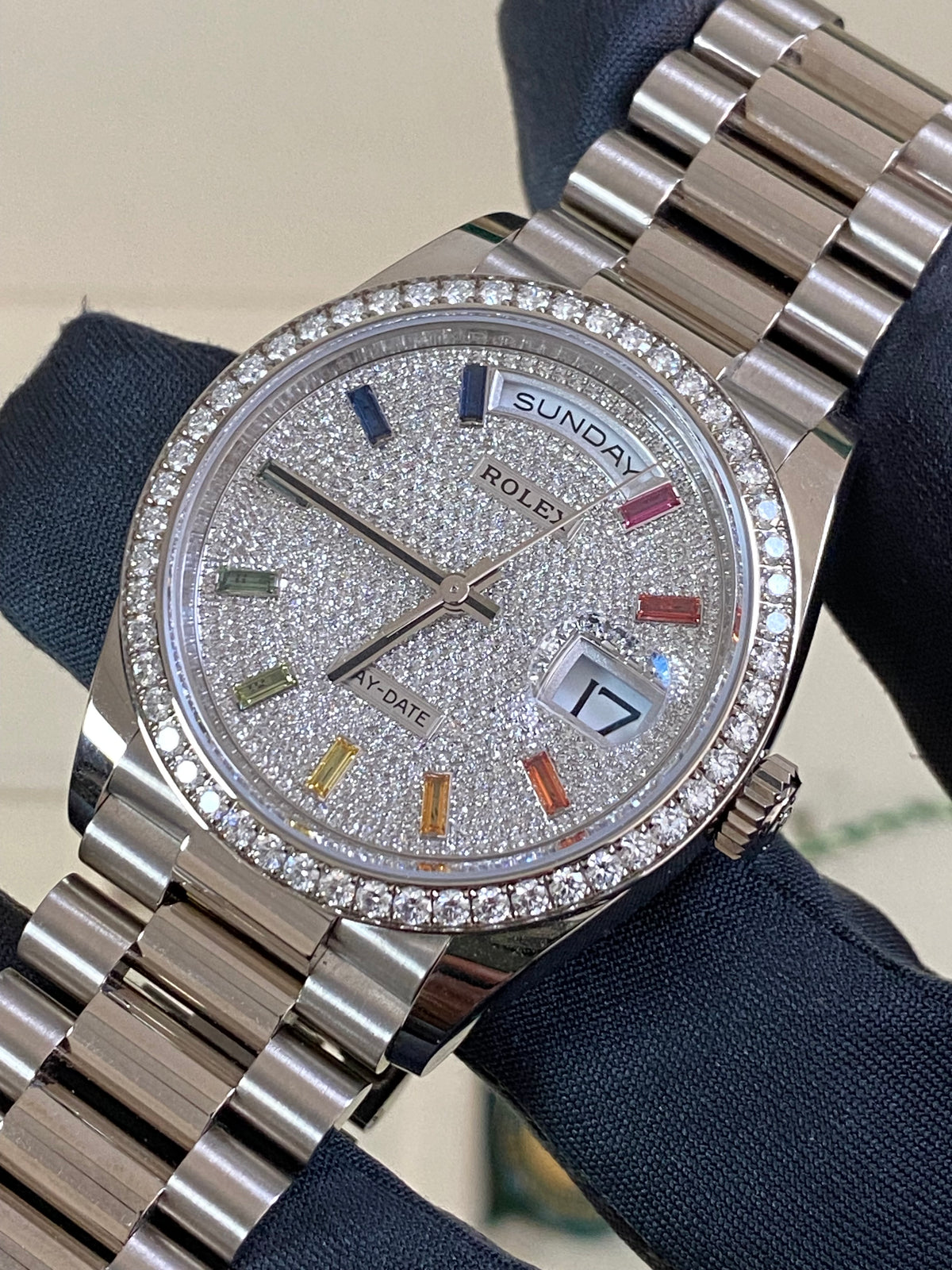 Rolex White Gold Day-Date 36 - 2024 - Diamond Bezel - Diamond Paved Rainbow Sapphire Dial - President Bracelet - 128349RBR *FULL SET*