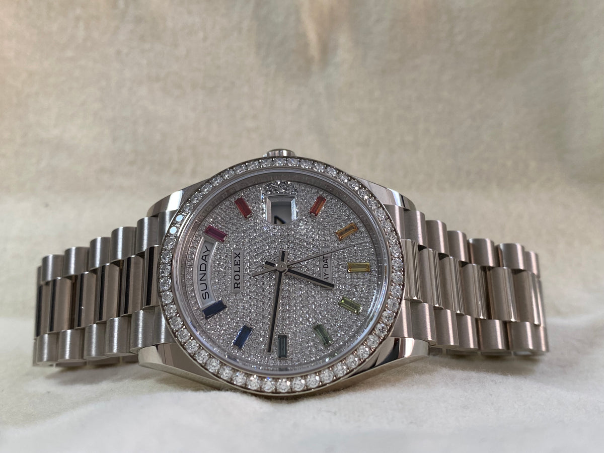 Rolex White Gold Day-Date 36 - 2024 - Diamond Bezel - Diamond Paved Rainbow Sapphire Dial - President Bracelet - 128349RBR *FULL SET*