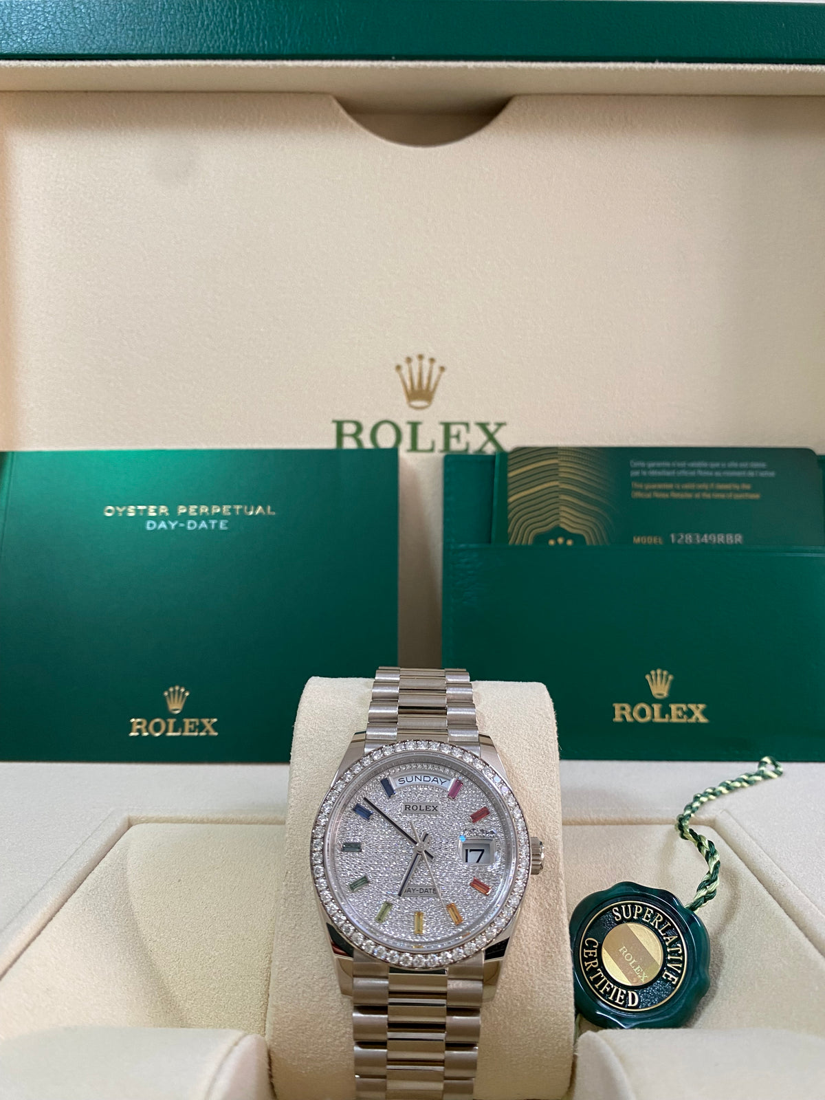 Rolex White Gold Day-Date 36 - 2024 - Diamond Bezel - Diamond Paved Rainbow Sapphire Dial - President Bracelet - 128349RBR *FULL SET*