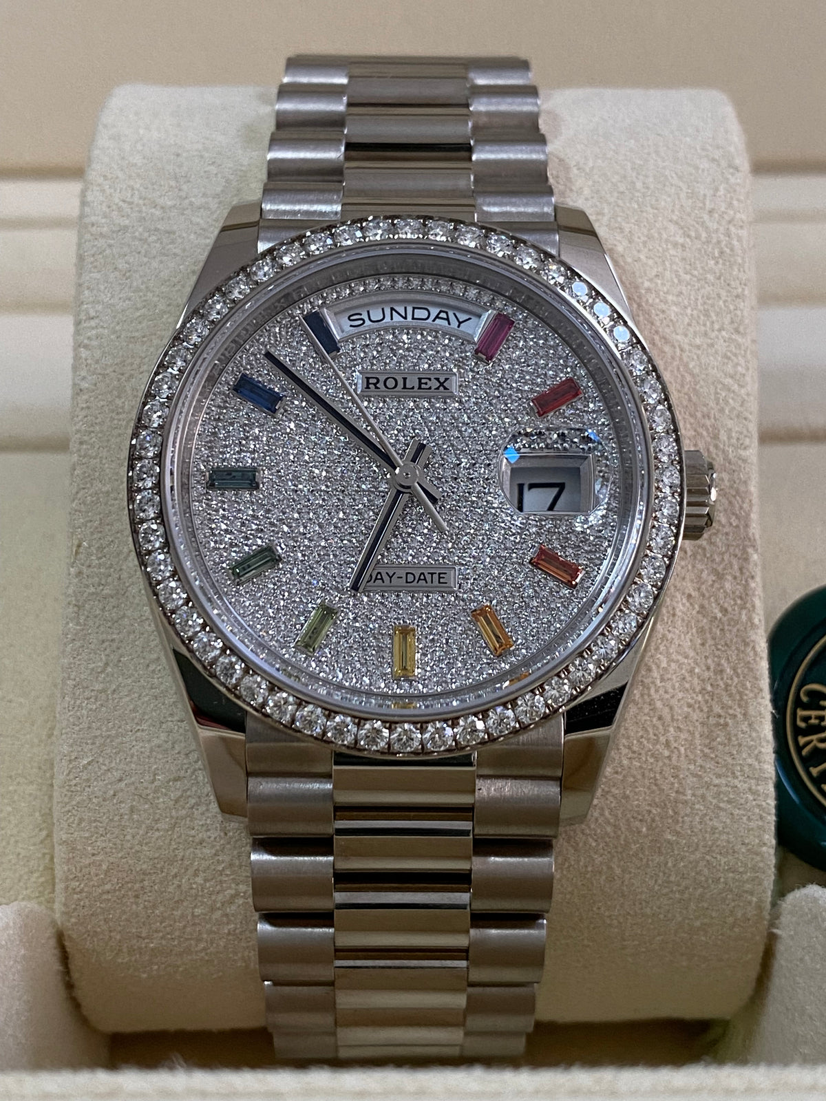 Rolex White Gold Day-Date 36 - 2024 - Diamond Bezel - Diamond Paved Rainbow Sapphire Dial - President Bracelet - 128349RBR *FULL SET*