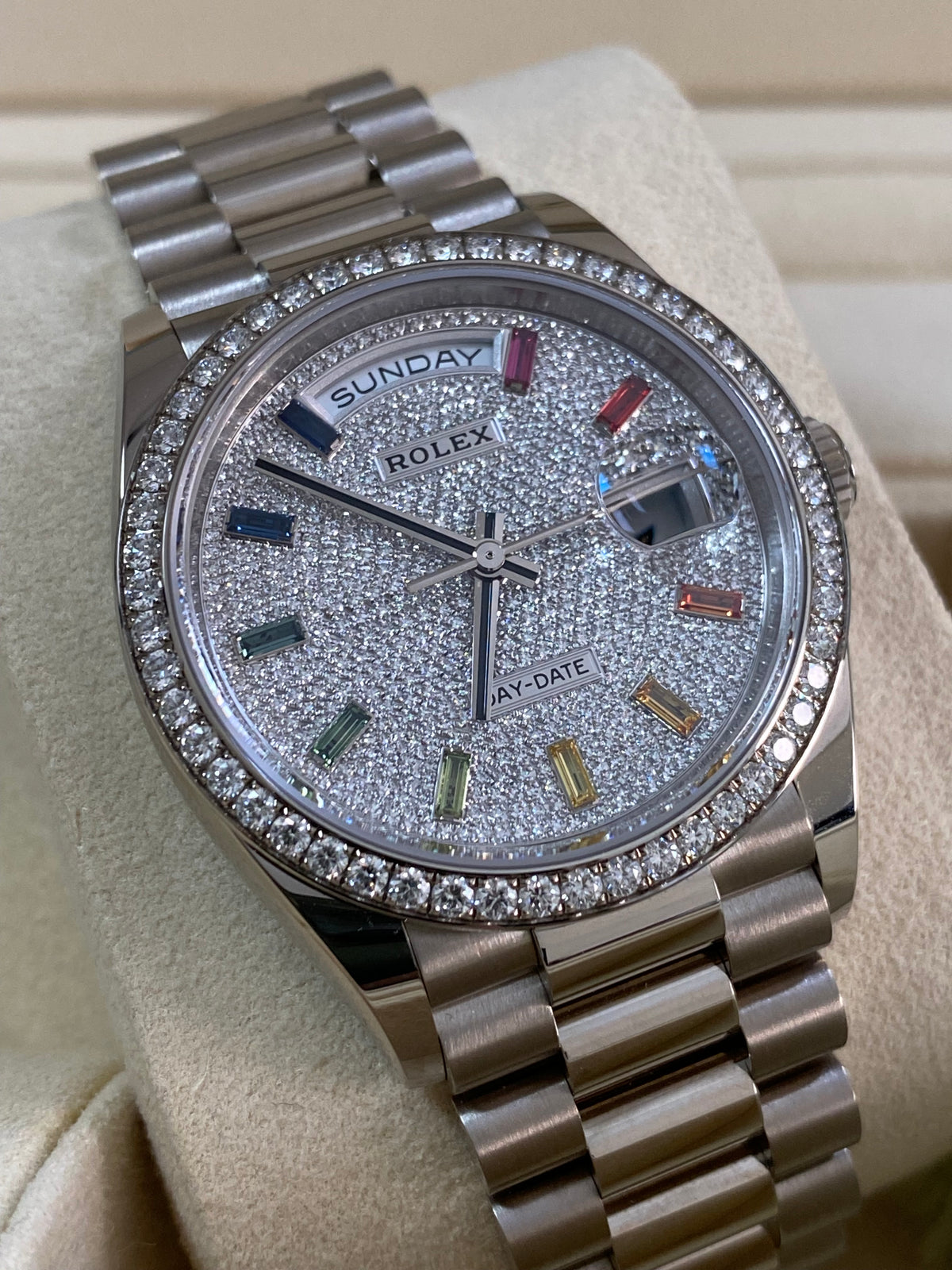 Rolex White Gold Day-Date 36 - 2024 - Diamond Bezel - Diamond Paved Rainbow Sapphire Dial - President Bracelet - 128349RBR *FULL SET*