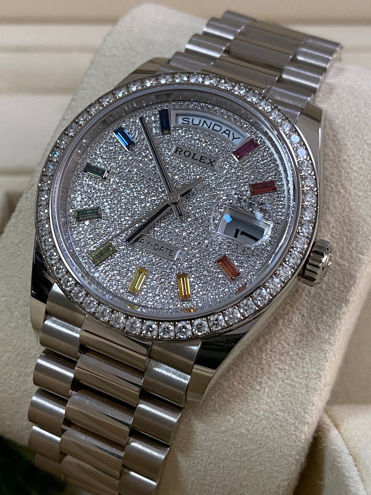 Rolex White Gold Day-Date 36 - 2024 - Diamond Bezel - Diamond Paved Rainbow Sapphire Dial - President Bracelet - 128349RBR *FULL SET*