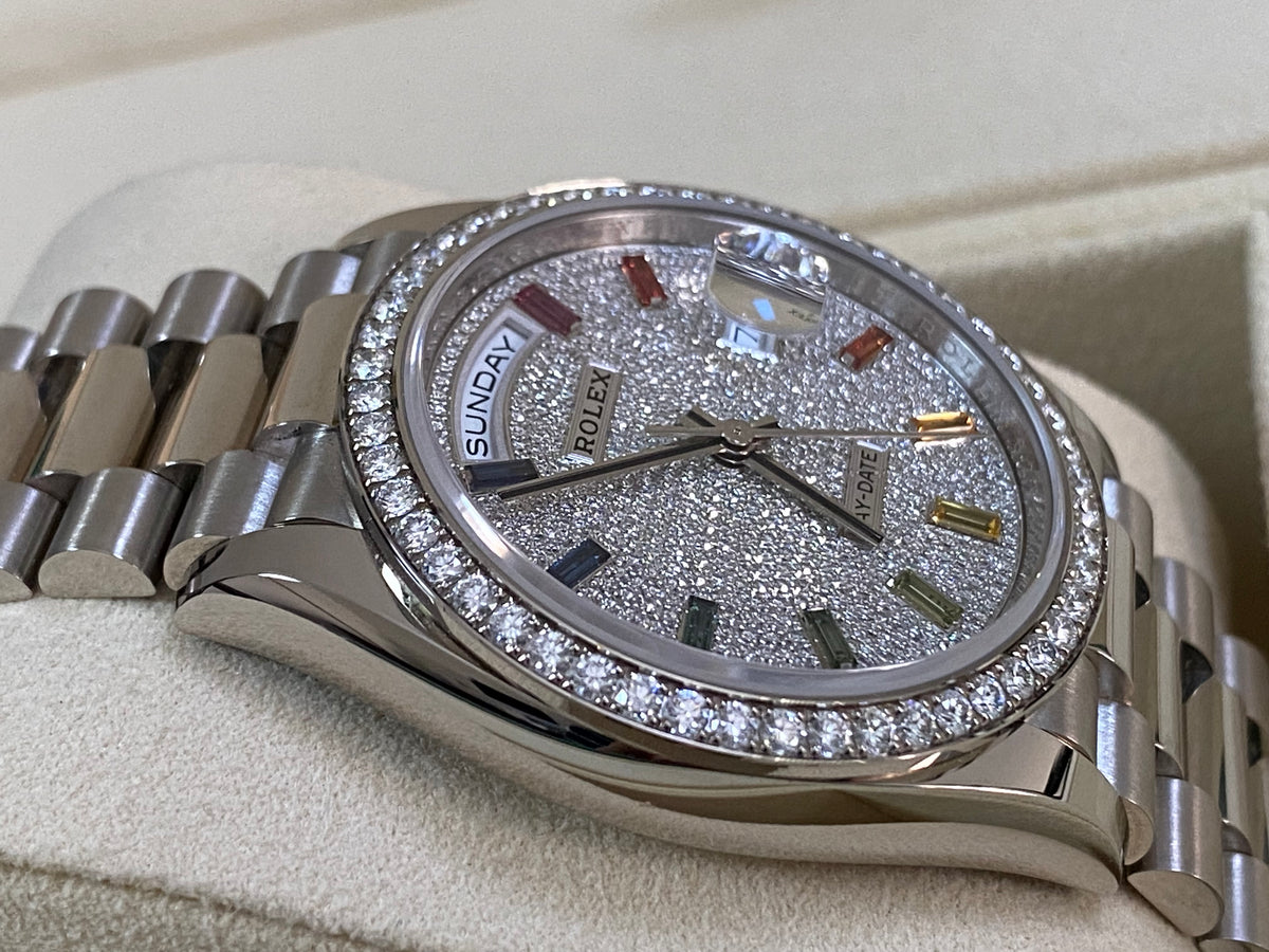 Rolex White Gold Day-Date 36 - 2024 - Diamond Bezel - Diamond Paved Rainbow Sapphire Dial - President Bracelet - 128349RBR *FULL SET*