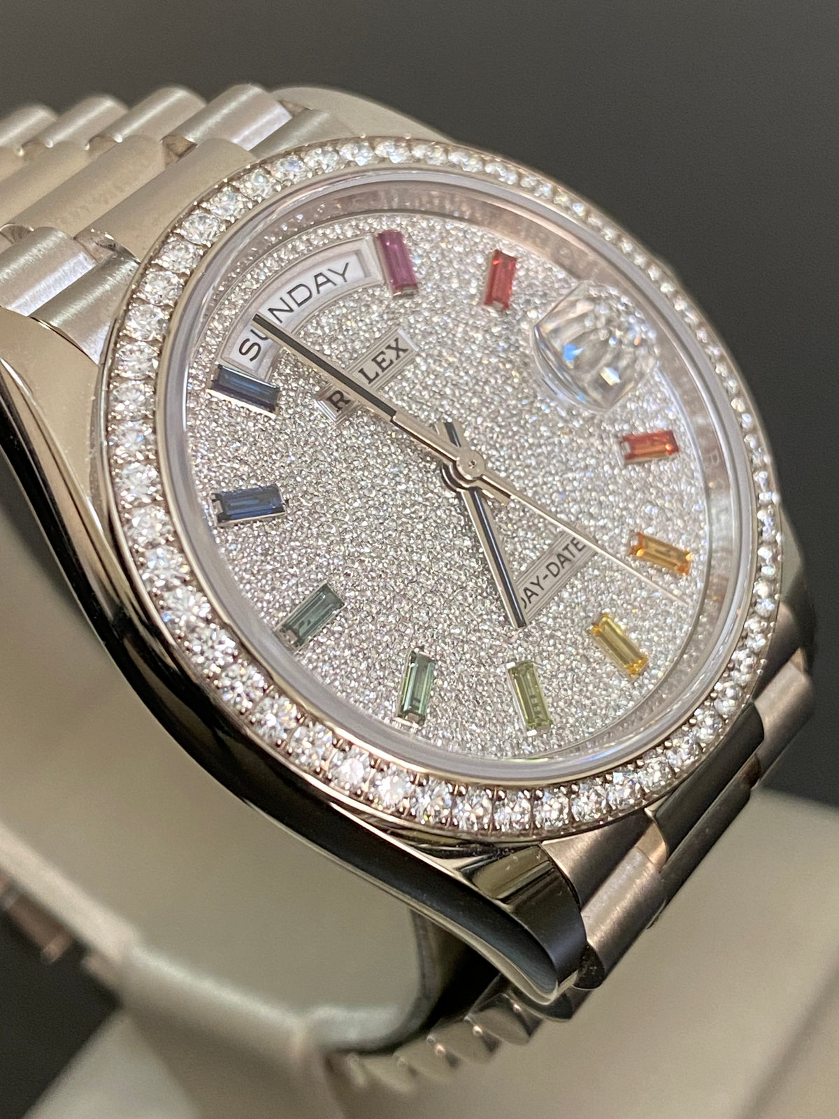 Rolex White Gold Day-Date 36 - 2024 - Diamond Bezel - Diamond Paved Rainbow Sapphire Dial - President Bracelet - 128349RBR *FULL SET*