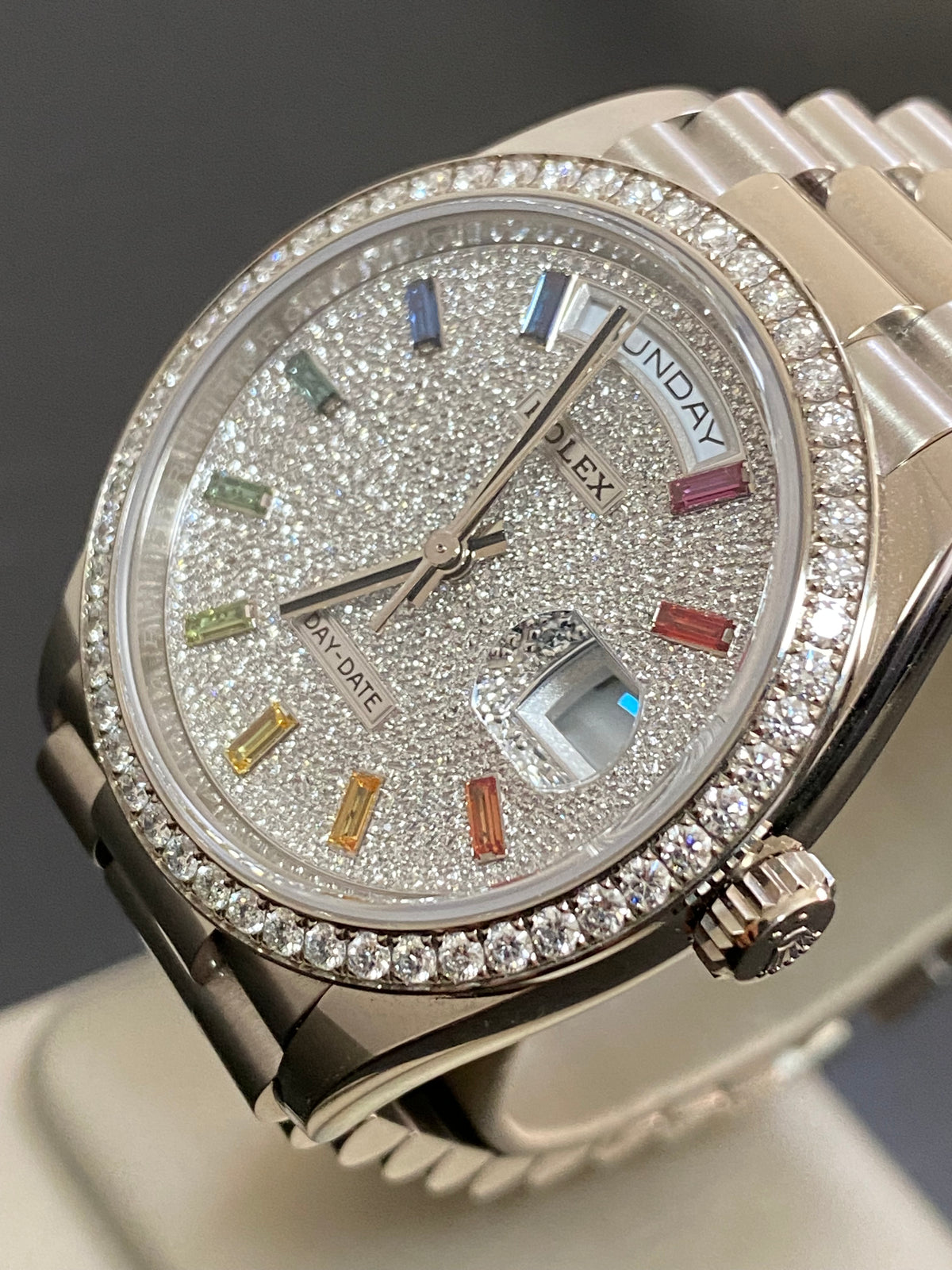 Rolex White Gold Day-Date 36 - 2024 - Diamond Bezel - Diamond Paved Rainbow Sapphire Dial - President Bracelet - 128349RBR *FULL SET*