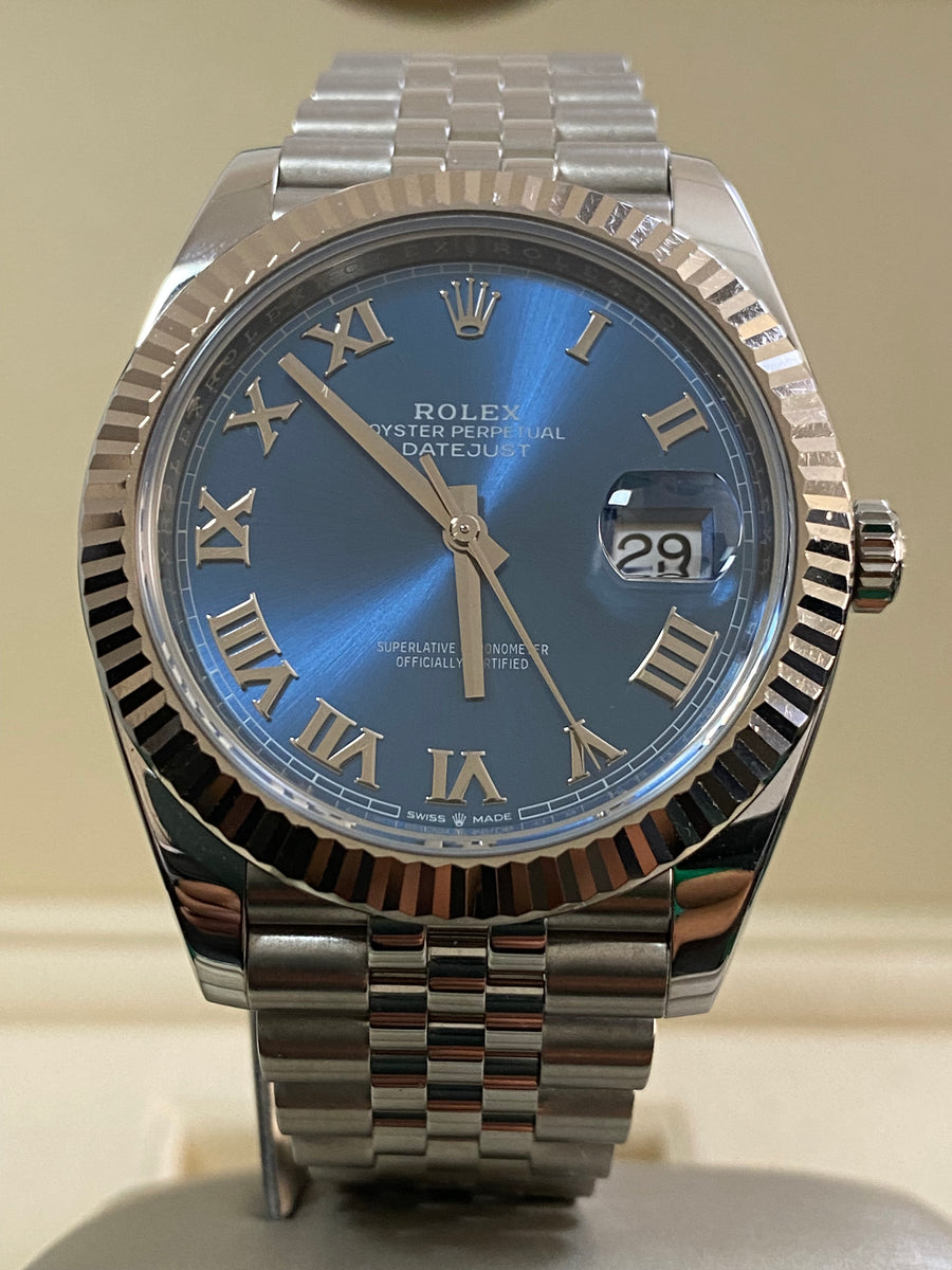 Rolex Steel and White Gold Datejust 41 - Fluted Bezel - Bright Blue Roman Dial - Jubilee Bracelet - 126334