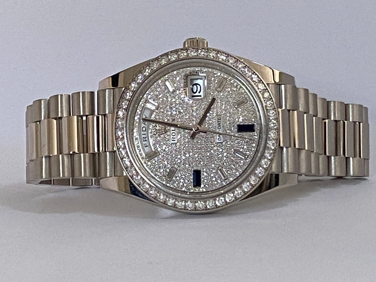 Rolex White Gold Day-Date 40 - 2023 - Diamond Bezel - Paved Diamond Baguette Dial - President Bracelet - 228349RBR *COMPLETE SET*