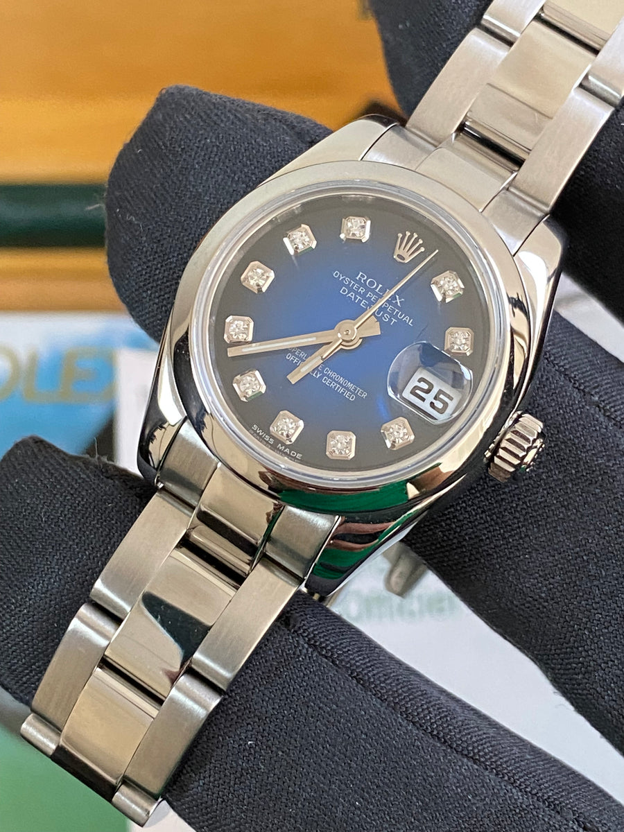 Rolex Steel Lady-Datejust - D serial - Smooth Bezel - Blue Vignette Diamond Dial - Oyster Bracelet - 179160 *FULL SET*