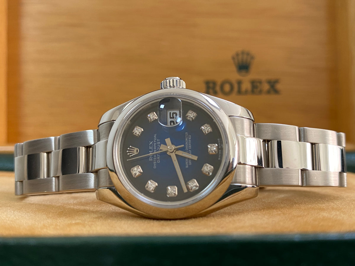 Rolex Steel Lady-Datejust - D serial - Smooth Bezel - Blue Vignette Diamond Dial - Oyster Bracelet - 179160 *FULL SET*