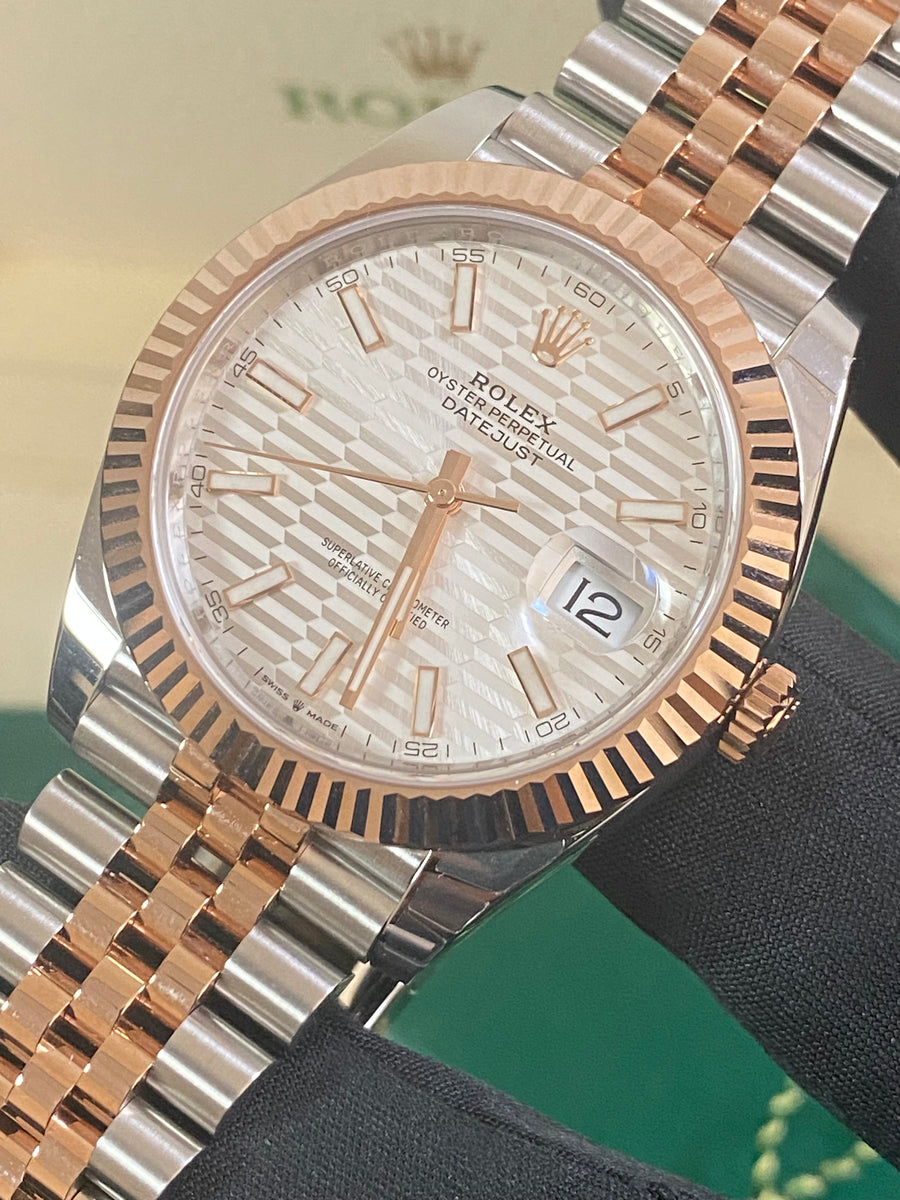 Rolex Steel and Everose Gold Datejust 41 - 2023 - Fluted Bezel - Silver Fluted-Motif Dial - Jubilee Bracelet - 126331 *PARTIAL STICKERS*