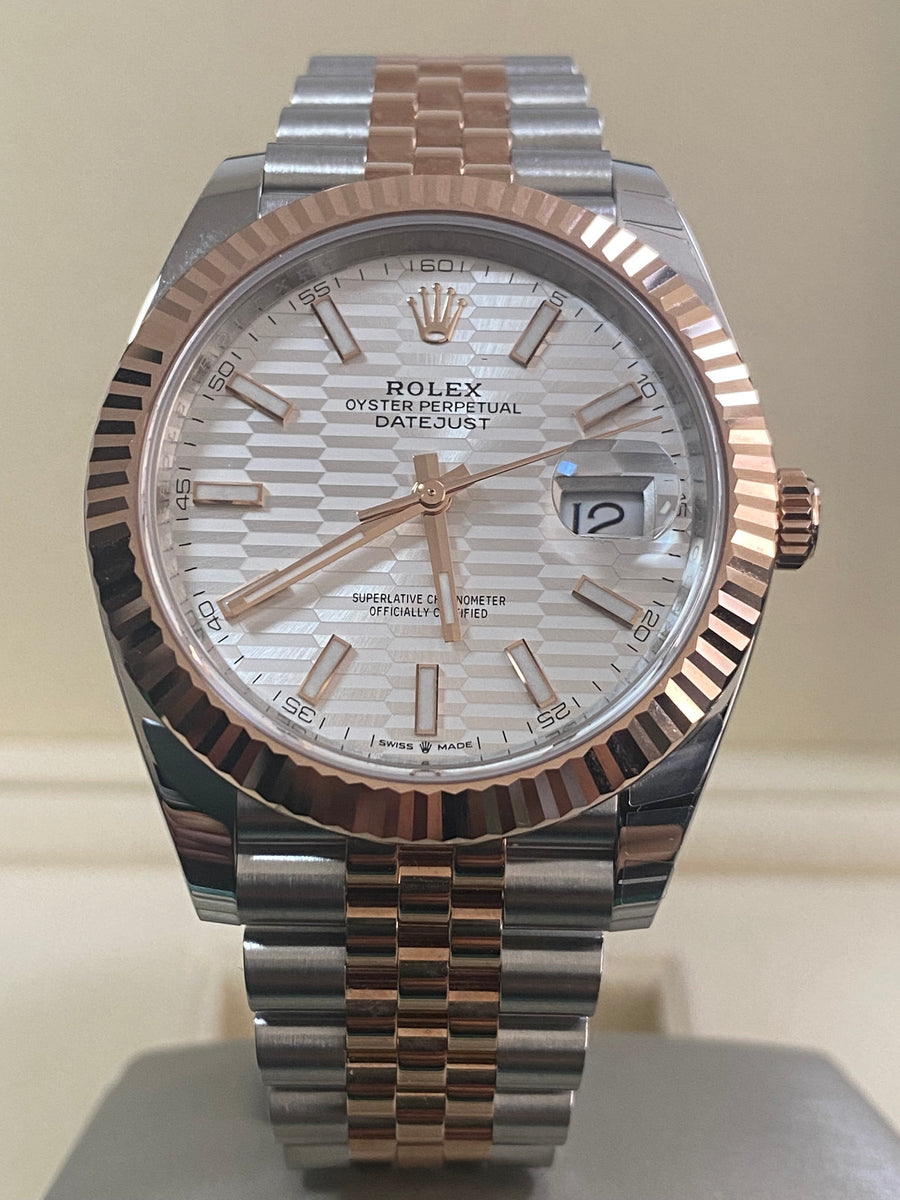 Rolex Steel and Everose Gold Datejust 41 - 2023 - Fluted Bezel - Silver Fluted-Motif Dial - Jubilee Bracelet - 126331 *PARTIAL STICKERS*