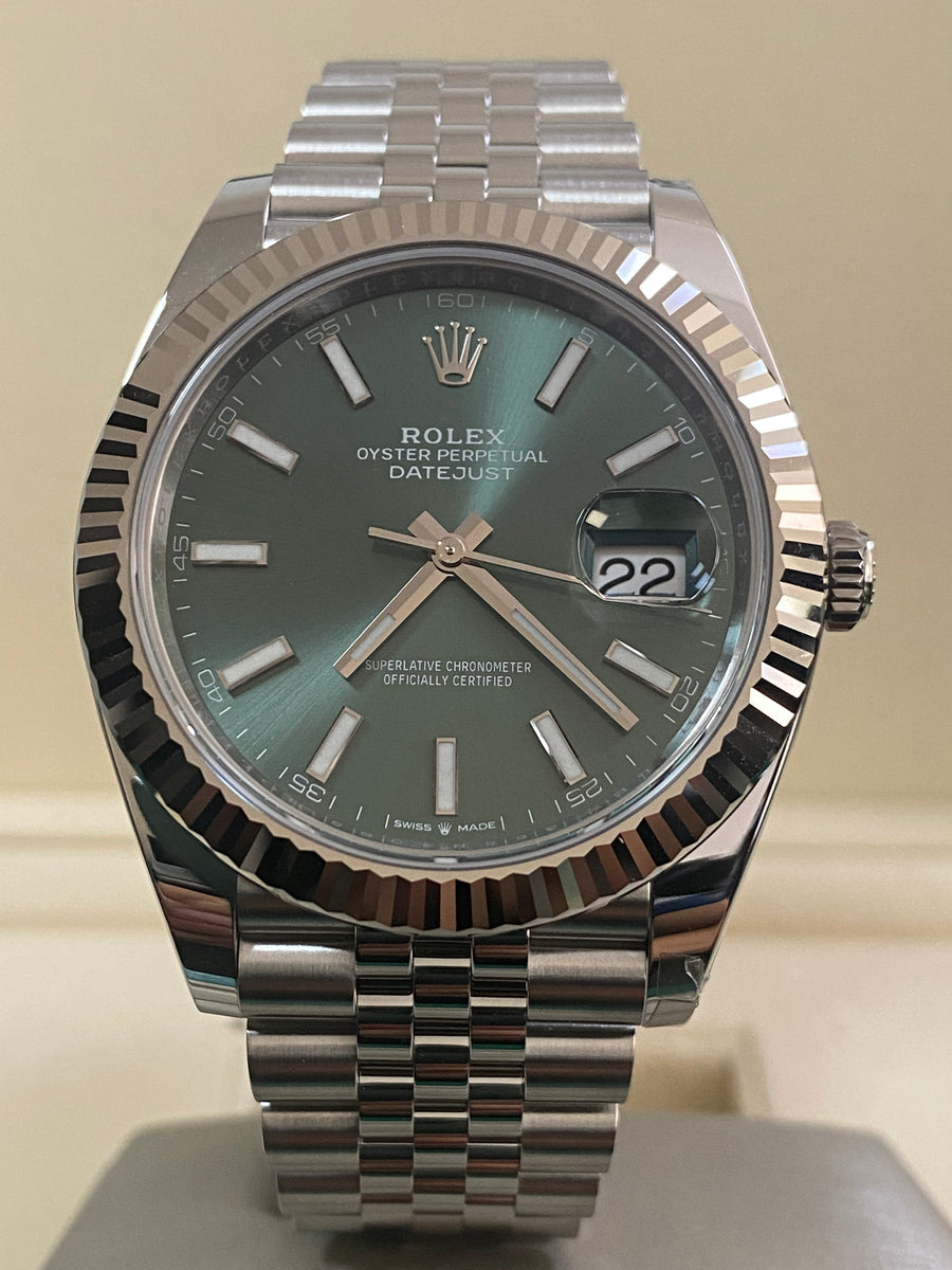 Rolex Steel and White Gold Datejust 41 - 2024 - Fluted Bezel - Mint Green Dial - Jubilee Bracelet - 126334 *FULL SET*